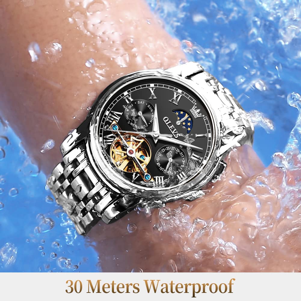 OLEVS Men's Automatic Mechanical Tourbillon Watch - Self-Winding Luxury Stainless Steel Waterproof Wristwatch with Luminous Date Display | Perfect for Business, Formal Events & Everyday Wear