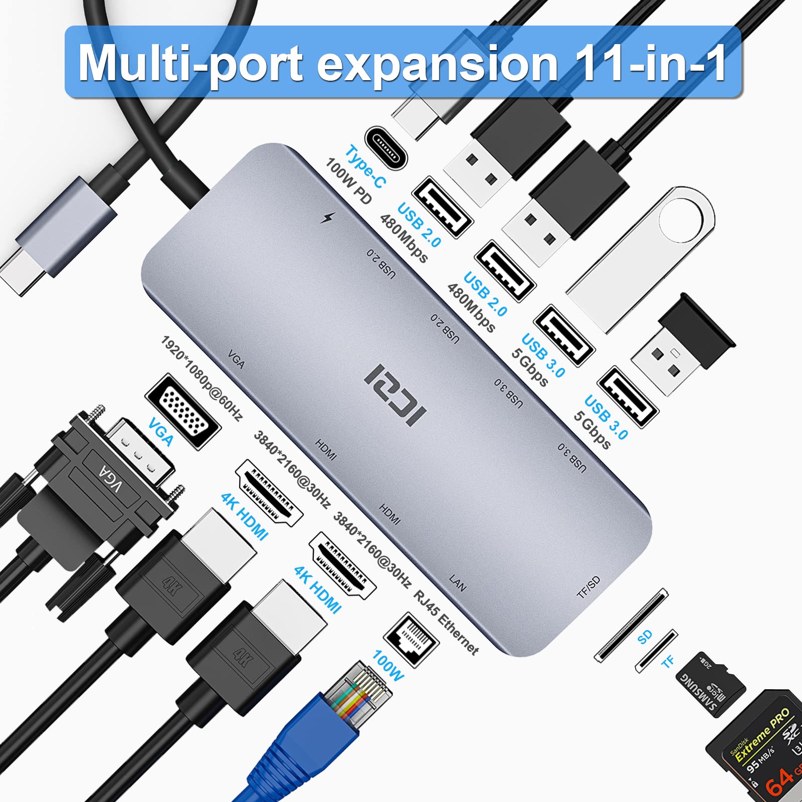 11-in-1 USB C Docking Station with Dual 4K HDMI & VGA - Triple Display Adapter for MacBook, Dell, HP, Lenovo & Surface Pro - 100W PD Charging, 4 USB Ports, Ethernet, SD/TF Card Reader - Perfect for Home Office & Multi-Monitor Workstations