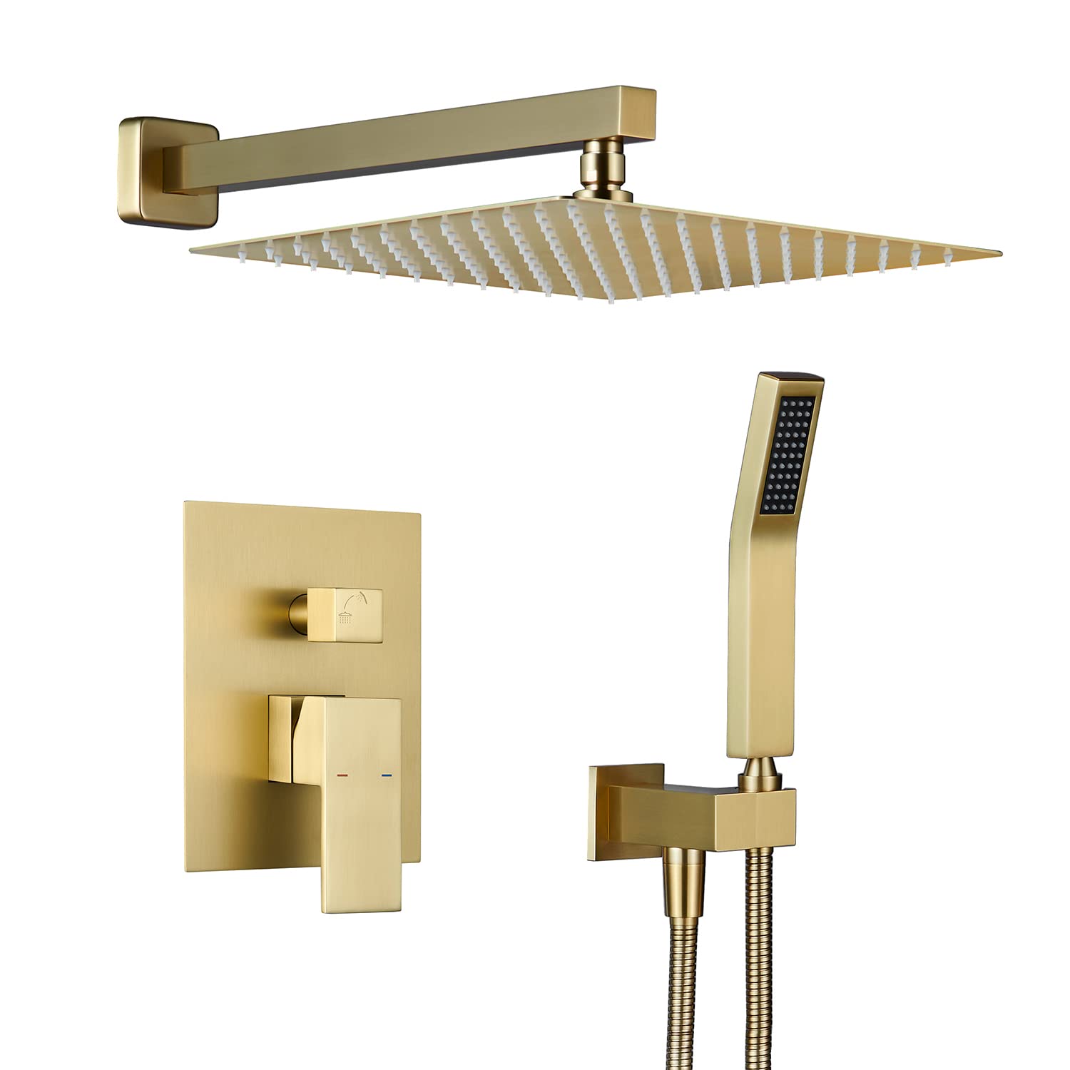 12 Inch Brushed Gold Rain Shower System - Wall Mount Bathroom Faucet Combo with Rainfall Shower Head & Handheld Shower - Perfect for Modern Luxury Bathrooms & Spa-Like Shower Experience