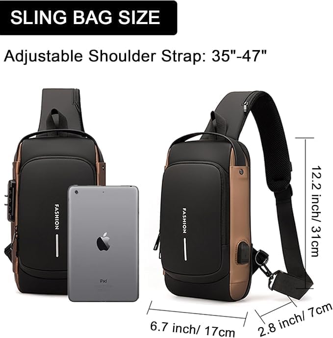 BRIGATTES Anti-Theft Sling Bag for Men & Women - Crossbody Backpack with USB Charging Port, Waterproof Shoulder Messenger Bag for Travel, Hiking & Daily Use (Brown)