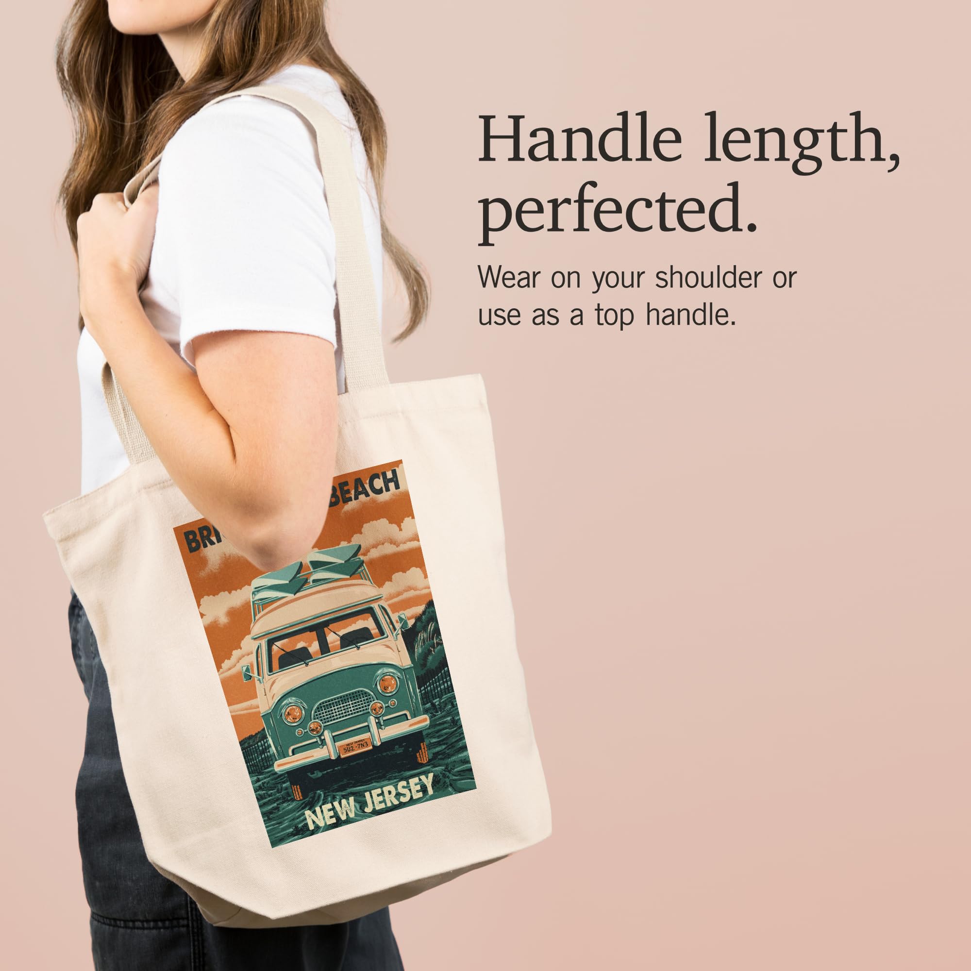 Brigantine Beach New Jersey Letterpress Camper Van Tote Bag - 100% Cotton Canvas Reusable Shopping Bag for Beach Trips, Groceries & Everyday Use
