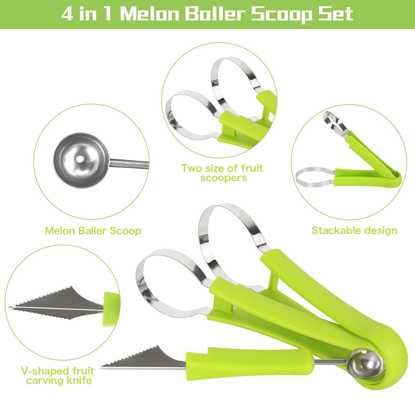 14-Piece Stainless Steel Melon Baller Scoop Set - 4-in-1 Fruit & Vegetable Tool Kit with Seed Remover, Peeler, Cutter & Pulp Separator - Perfect for Fruit Salad, Cocktail Garnishes & Kitchen Prep