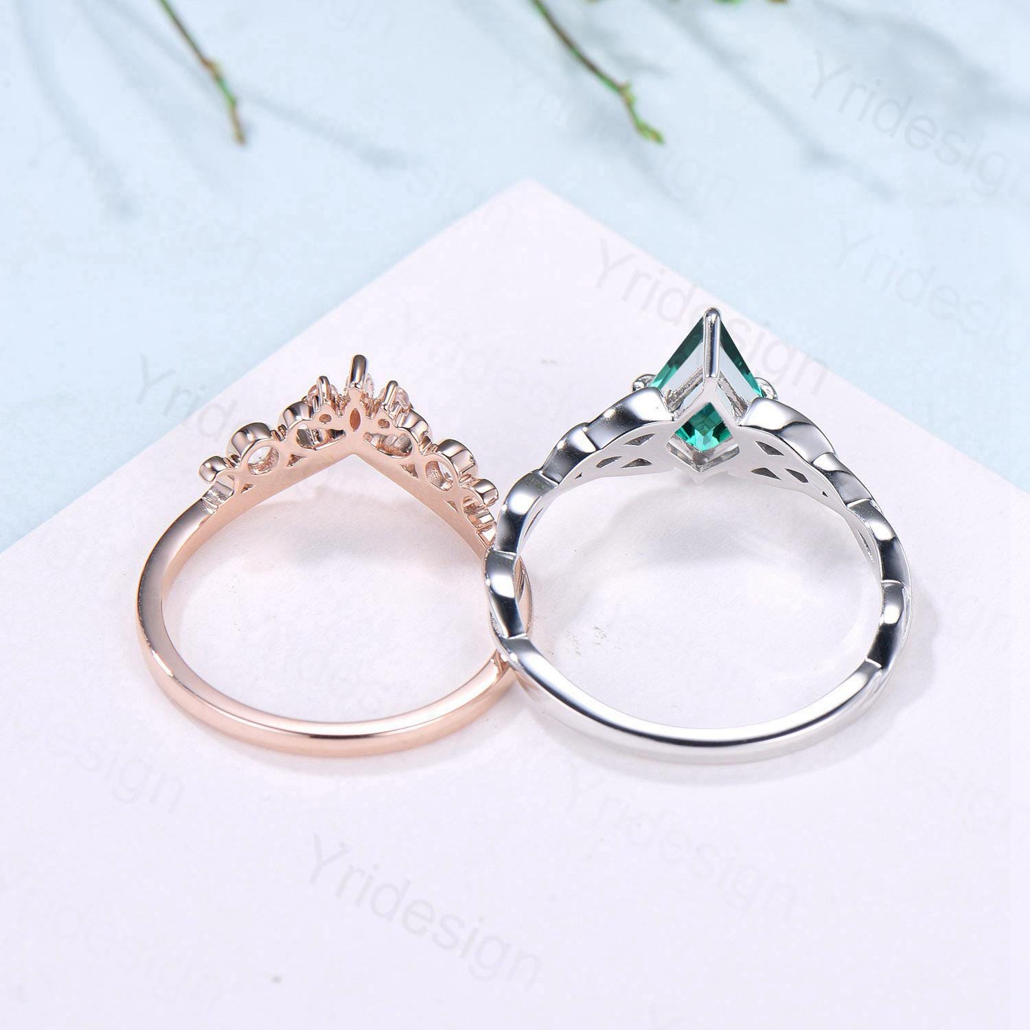 Norse Viking Kite Cut Emerald Engagement Ring Set - Unique Celtic Love Knot May Birthstone Butterfly Wedding Rings - Vintage Twist Bridal Jewelry for Weddings, Anniversaries & Special Occasions