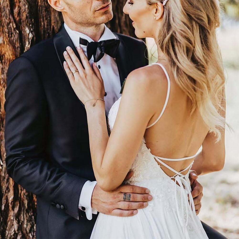 Dexinyuan 2024 Simple Beach Wedding Dresses for Bride - Chiffon Lace A-Line Backless Bohemian Bridal Gown for Women | Perfect for Destination Weddings, Beach Elopements & Boho Bridal Photoshoots
