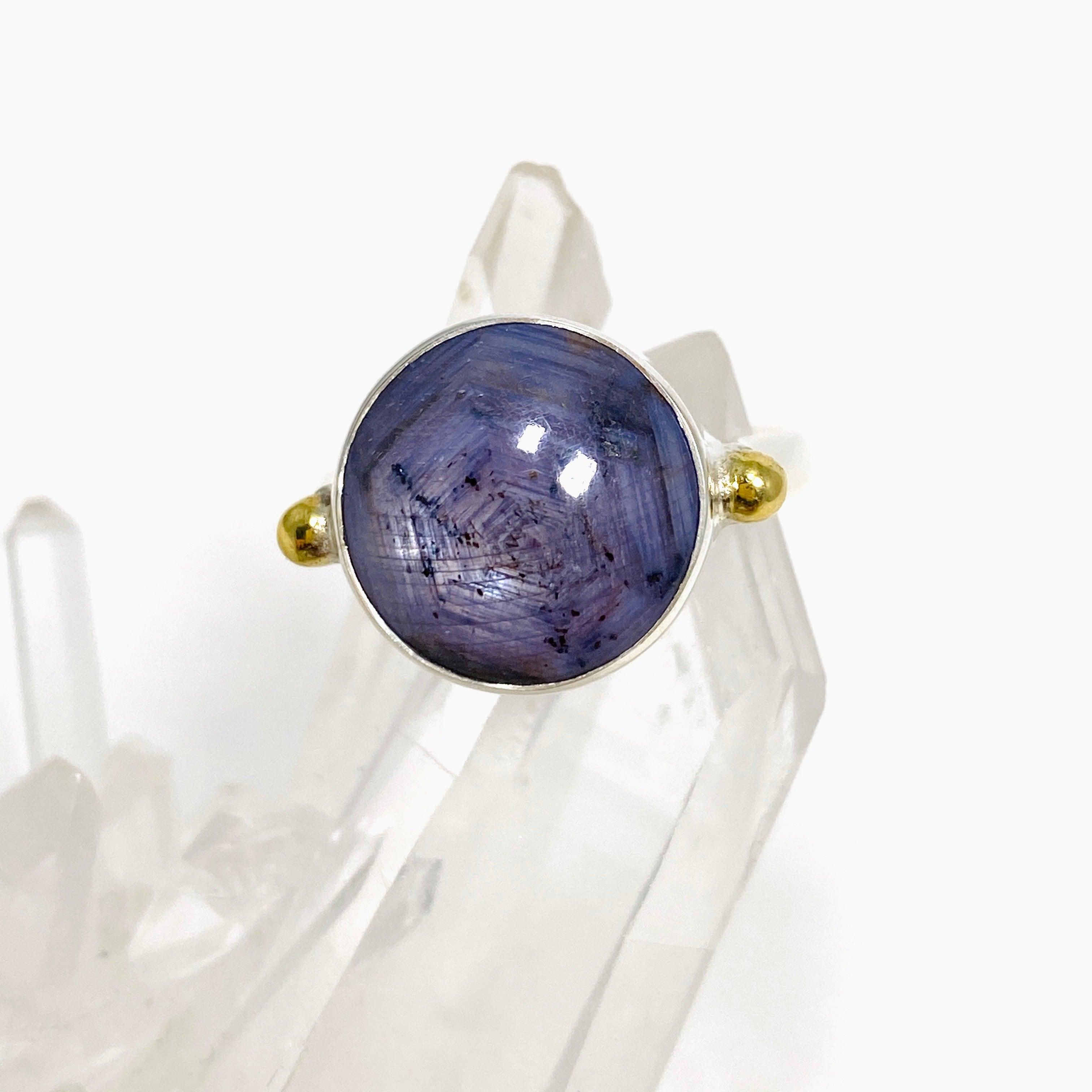 Elegant Sapphire Round Ring with Brass Accents - Size 9 KRGJ3179 | Perfect for Weddings, Anniversaries & Special Occasions