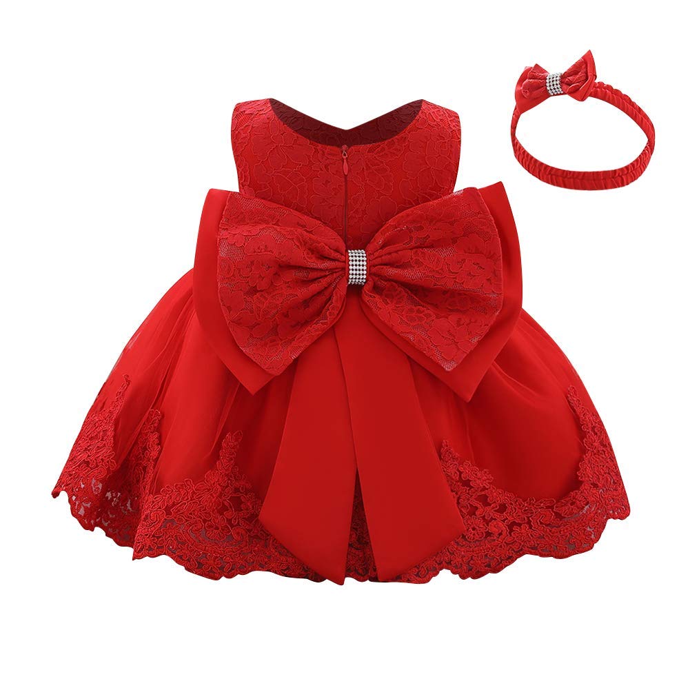 Baby Girls Formal Dress - Lace Bowknot Baptism Gown with Embroidery & Headwear | Princess Birthday, Wedding & Flower Girl Tutu Dress for Special Occasions