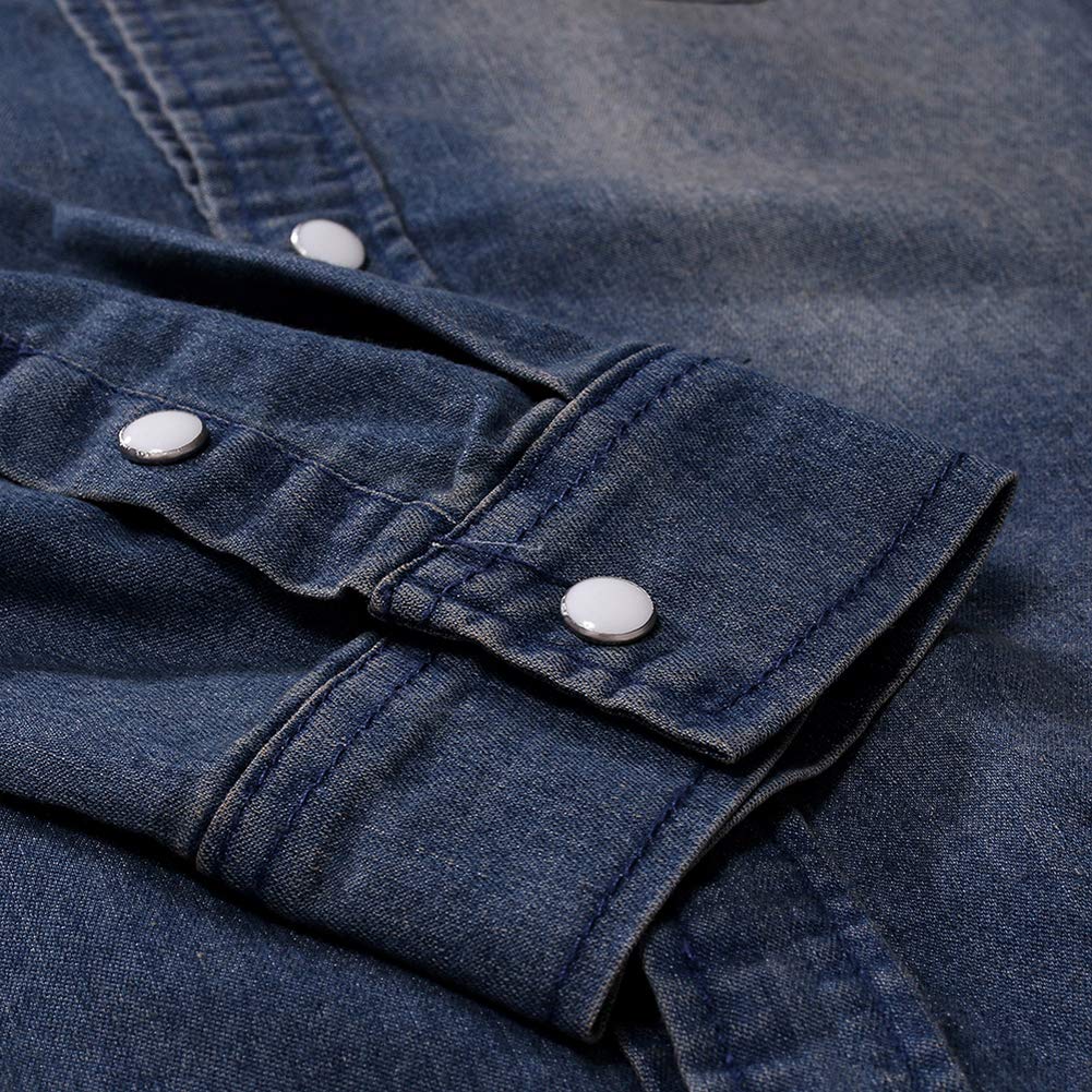 Distressed Wash Men's Western Denim Jean Shirt - Button Down Work Shirt for Cowboy, Ranch & Casual Wear