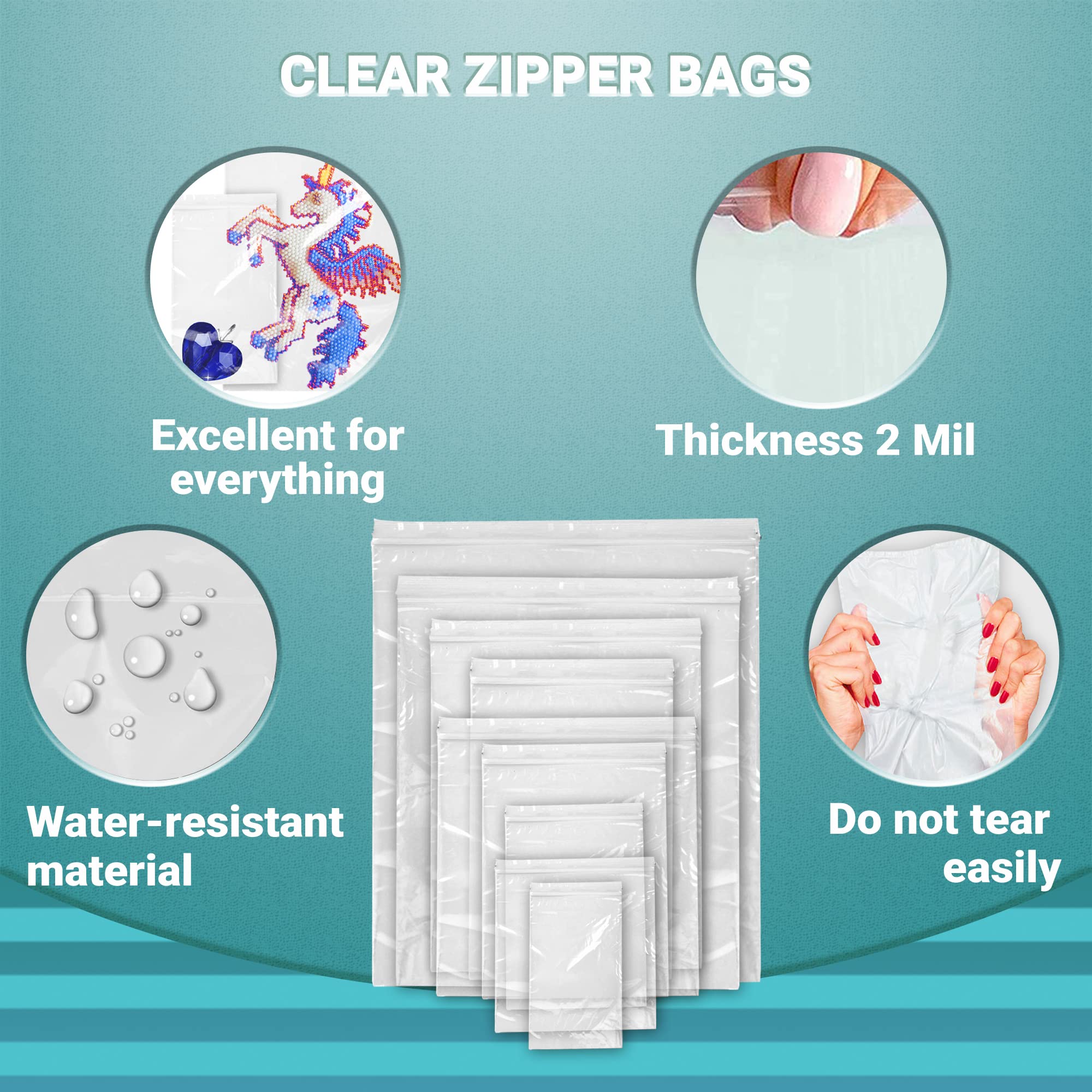 APQ 1000 Pack Clear Zipper Bags - 2 Mil Thick Resealable Plastic Storage Bags with Seal Top - 10 Size Variety for Shipping, Organizing & Food Storage | Perfect for Crafts, Jewelry, Snacks & Small Parts Organization