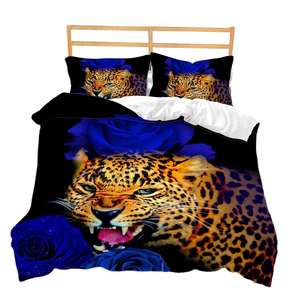 YHXSLY Leopard Print Duvet Cover Set - African Animal Cheetah Pattern with Blue Rose Design, Queen/King Size Bedding Set with Pillowcases - Perfect for Boys, Women & Jungle-Themed Bedrooms