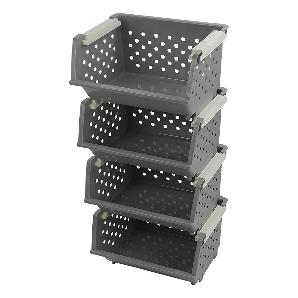 4-Tier Plastic Kitchen Stacking Basket - Space-Saving Storage Organizer for Pantry, Bathroom & Laundry (Grey) - Perfect for Fruits, Vegetables, Toys & Closet Organization