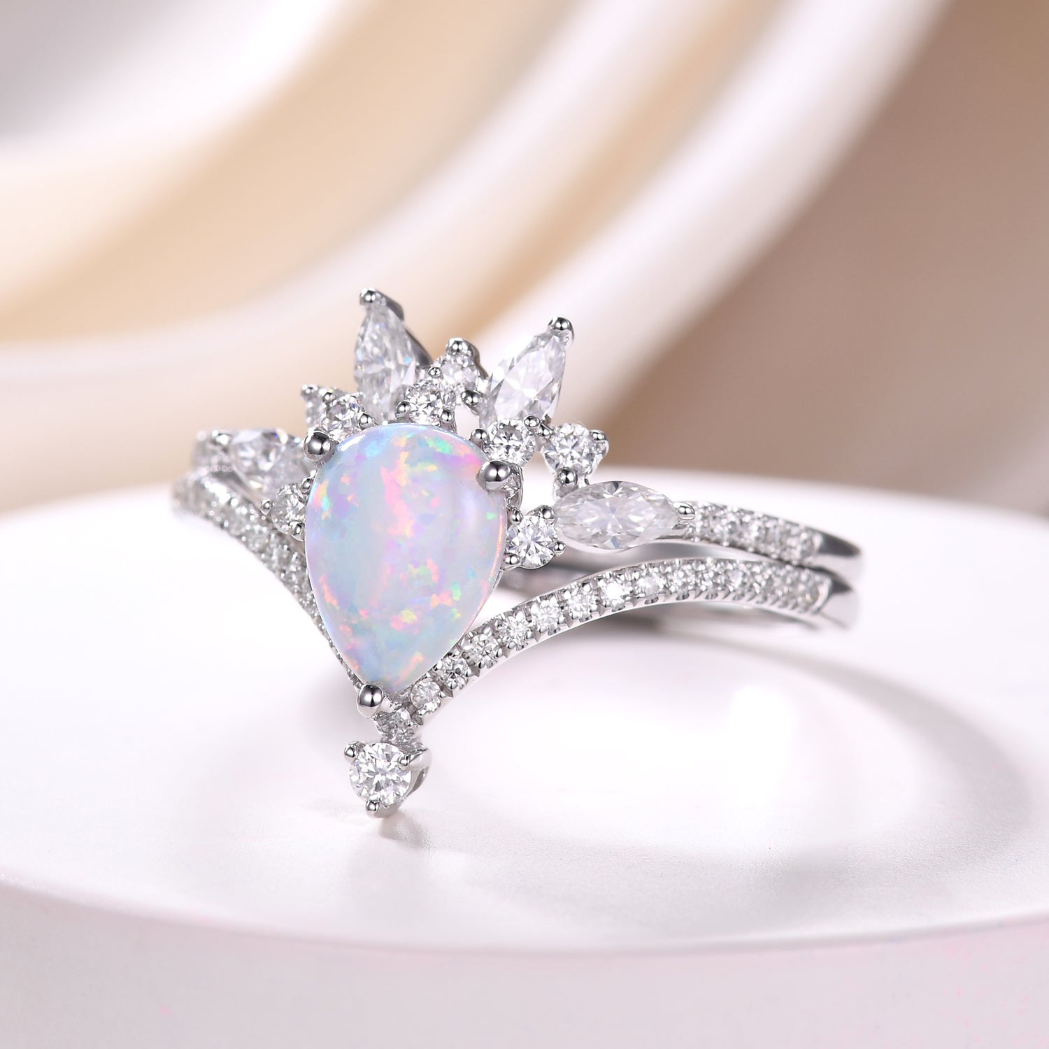 Vintage Opal Wedding Ring Set - 14k White Gold Moissanite Curved Band for Women - Elegant Bridal Jewelry for Engagement, Anniversary & Special Occasions