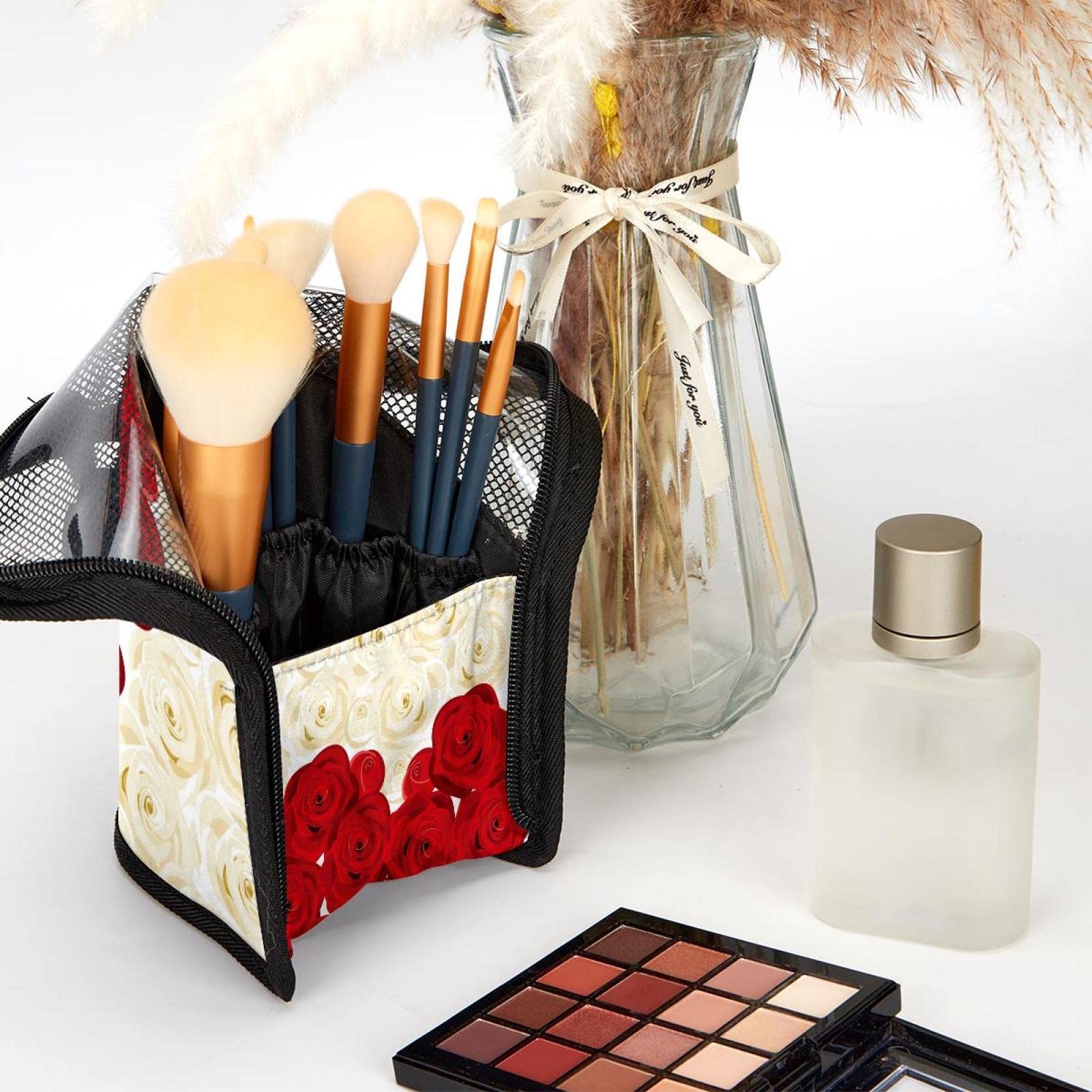12-Piece Makeup Brush Organizer Bag with Heart & Floral Design - Portable Cosmetic Brush Holder Case for Travel, Home Vanity & Professional Makeup Artists