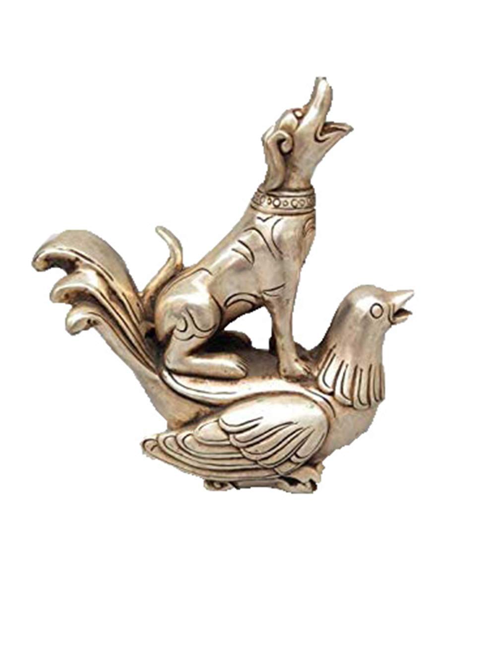Antique Chinese White Copper Dog Sitting on Phoenix Statue - Handcrafted Home Decor, Feng Shui Gift for Living Room & Office