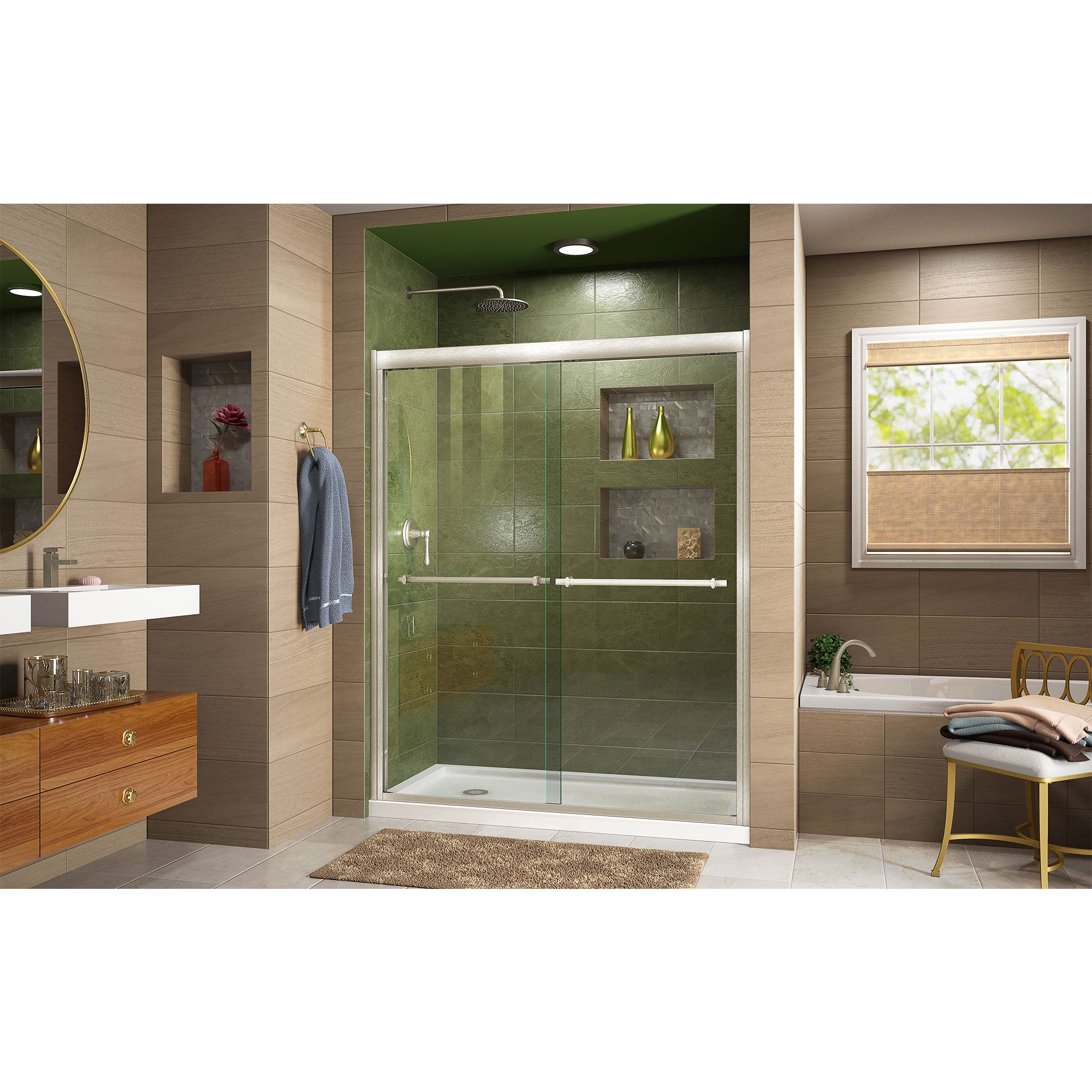 DreamLine Duet 34x60x74.75 Inch Semi-Frameless Bypass Shower Door - Brushed Nickel Finish with Left Drain White Base | Perfect for Modern Bathroom Renovations & Space-Saving Designs