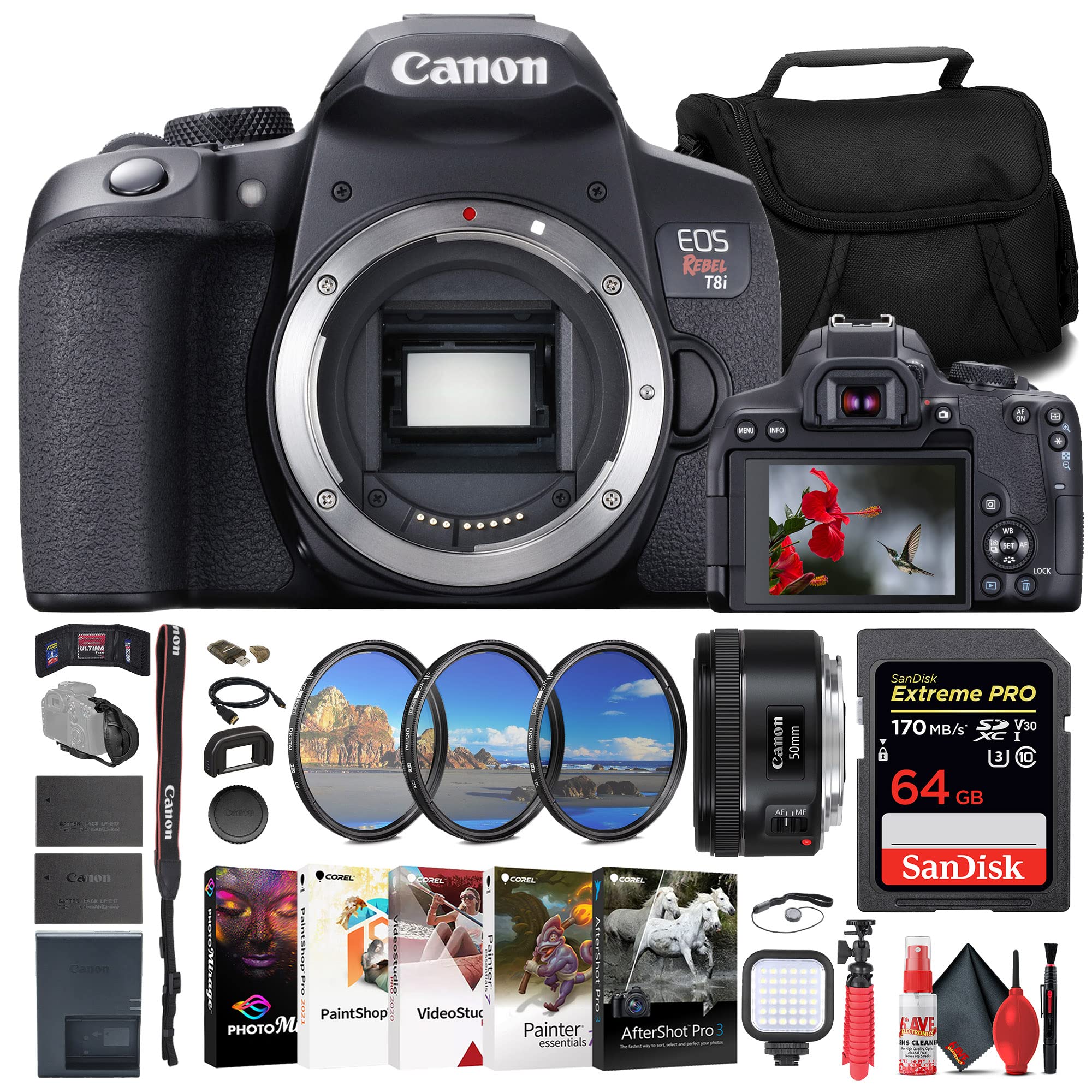 Canon EOS Rebel T8i DSLR Camera Body with EF 50mm f/1.8 STM Lens Bundle - 64GB Memory Card, Filter Kit, Spare Battery, LED Light & Accessories (Renewed) - Perfect for Portrait Photography, Travel & Vlogging