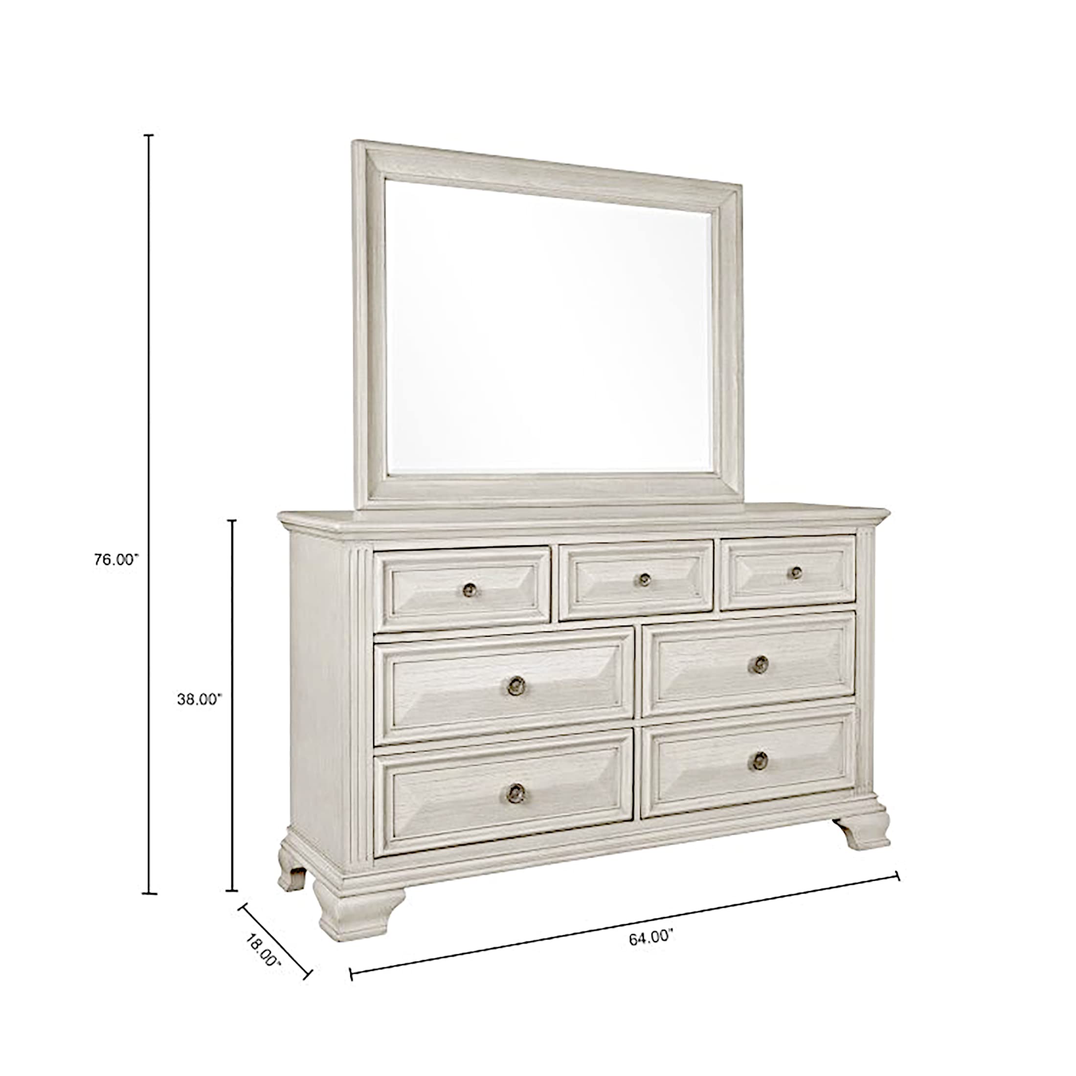Roundhill Furniture Renova Wood Queen Bedroom Set - Distressed Parchment Panel Bed with Dresser, Mirror & 2 Nightstands | Complete Bedroom Furniture for Master Bedroom, Guest Room & Apartment