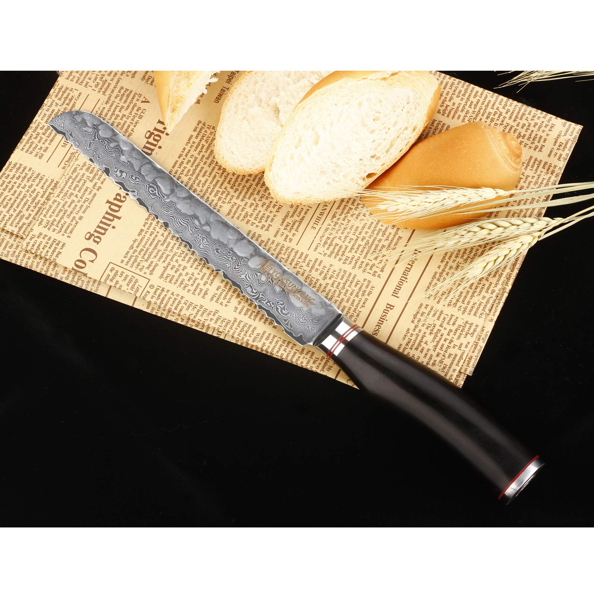 YOUSUNLONG 8-Inch Serrated Bread Knife - Premium Japanese Hammered Damascus Steel - Natural Ebony Wood Handle - Perfect for Slicing Bread, Bagels, Cakes and Deli Meats - Ideal for Home Kitchens, Bakeries and Restaurants