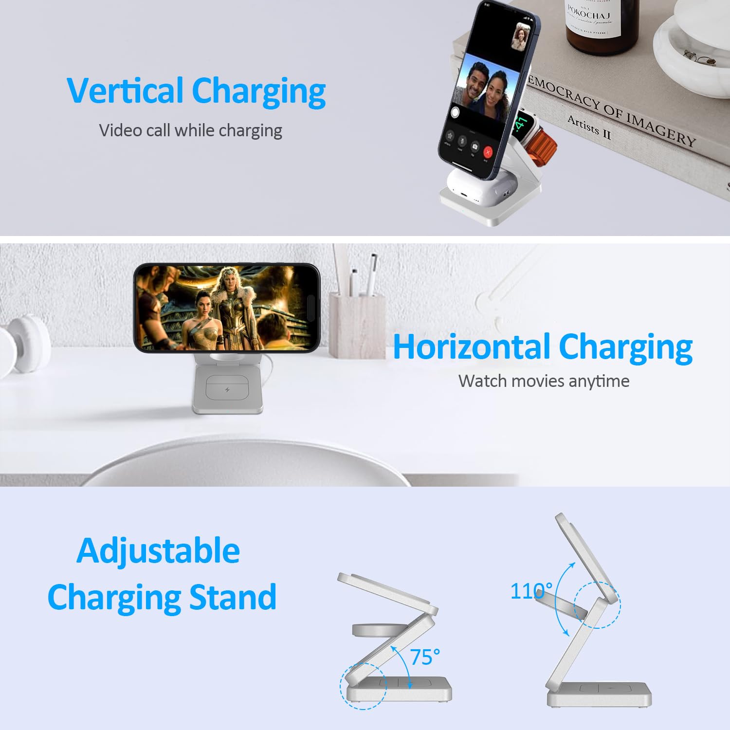 25W 3-in-1 Wireless Charging Station - Magsafe Compatible Fast Charger Dock for iPhone 14/13/12, Apple Watch & AirPods | Foldable Portable Stand with 5W Charging | Perfect for Home, Office & Travel (Silver)