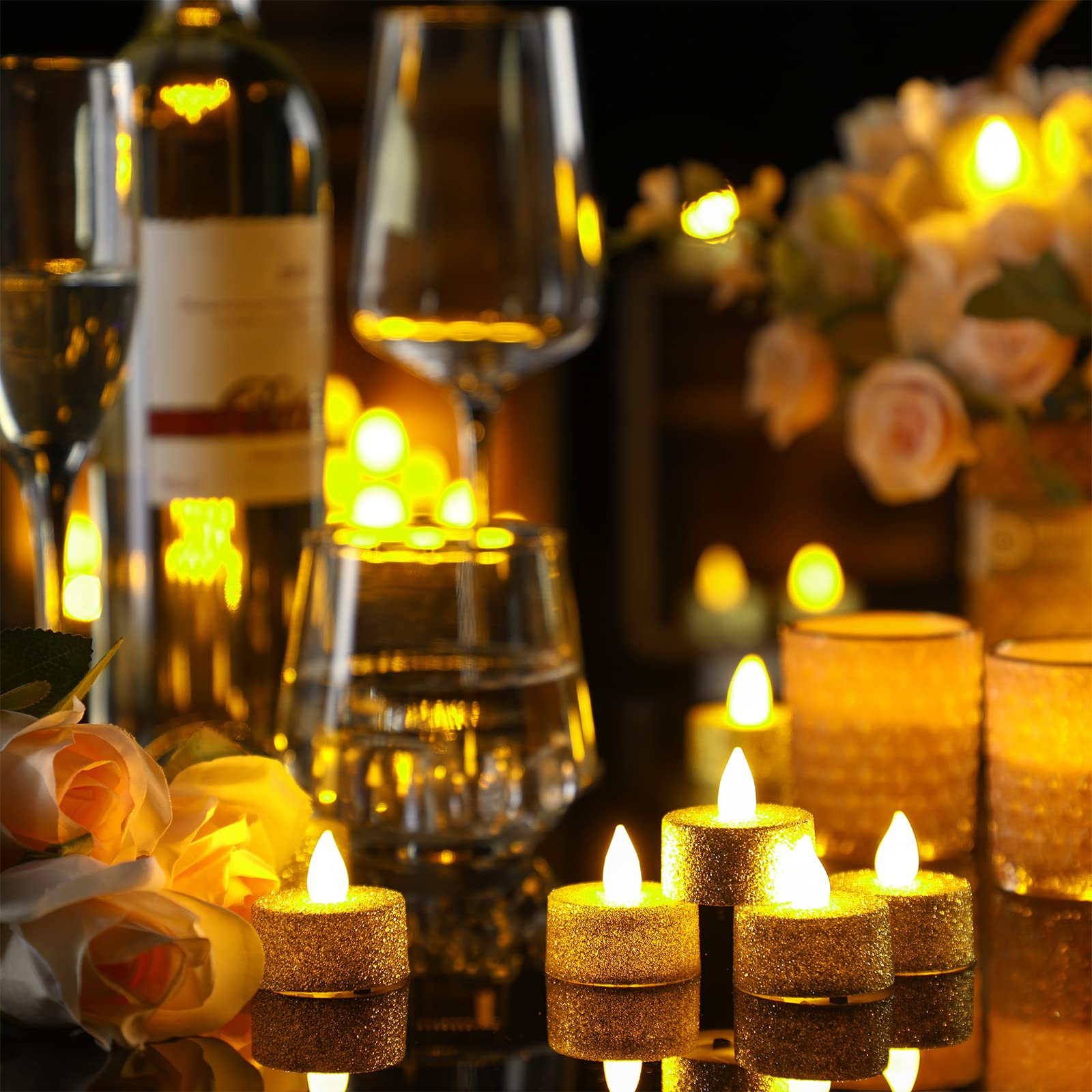72 Pcs Gold LED Glitter Votive Tealights - Flameless Battery Operated Tea Light Candles Bulk for Wedding, Anniversary & Table Decor - Romantic Flickering LED Candle Centerpieces for Home, Party & Restaurant Ambiance