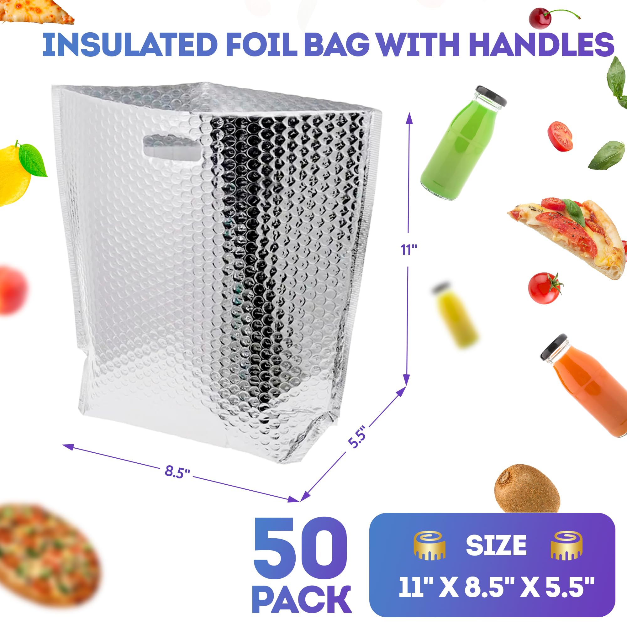 APQ Insulated Foil Bags with Handles - 11x8.5x5.5 Inches, 50 Pack Thermal Shipping Bags for Frozen Food, Cosmetics & Perishables | Bubble Cushion Lined, Metallized Foil Insulation | Perfect for Meal Prep, Grocery Delivery & Cold Storage
