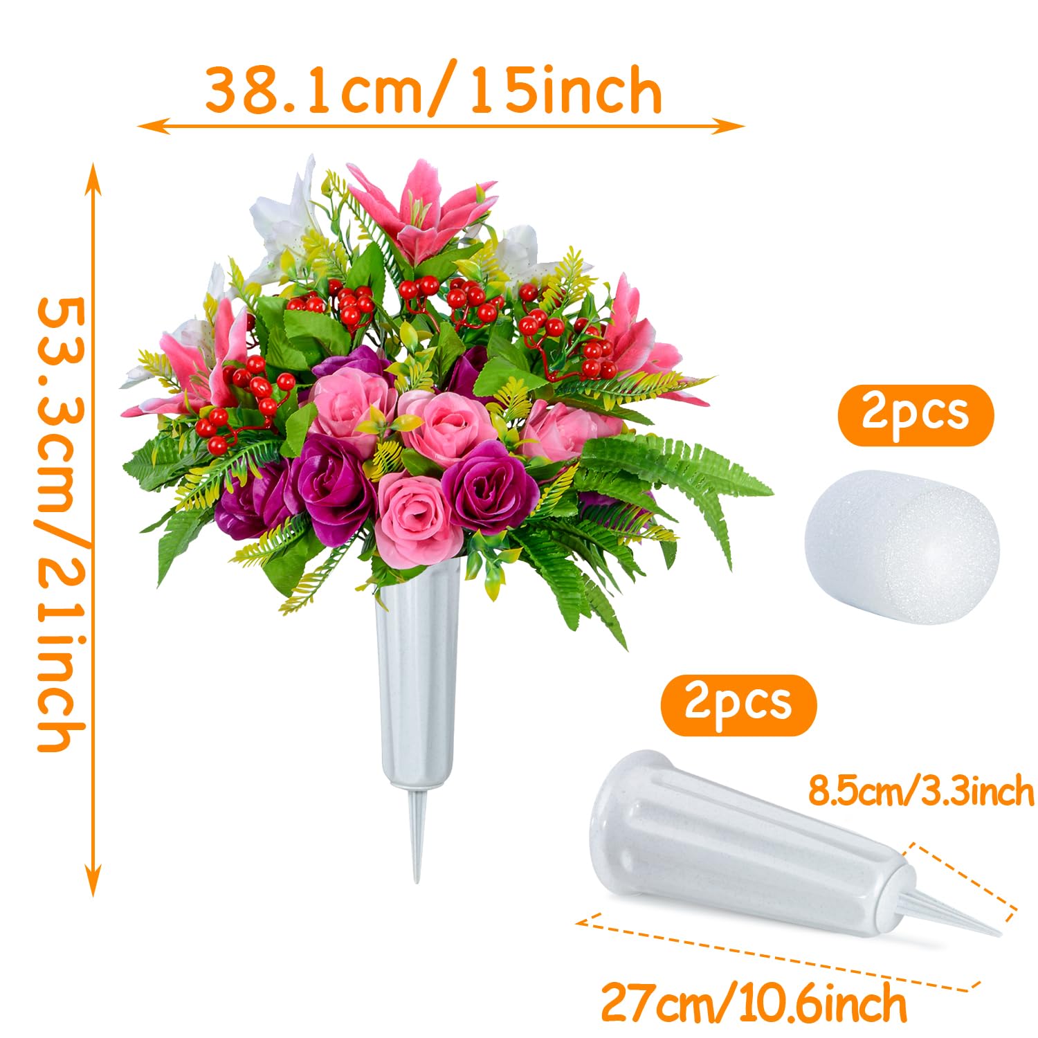 XONOR Artificial Cemetery Flowers with Vase - Set of 2 Rose & Lily Bouquets for Graves, Memorials & Headstone Decorations - Perfect for Graveside Tributes & Cemetery Displays