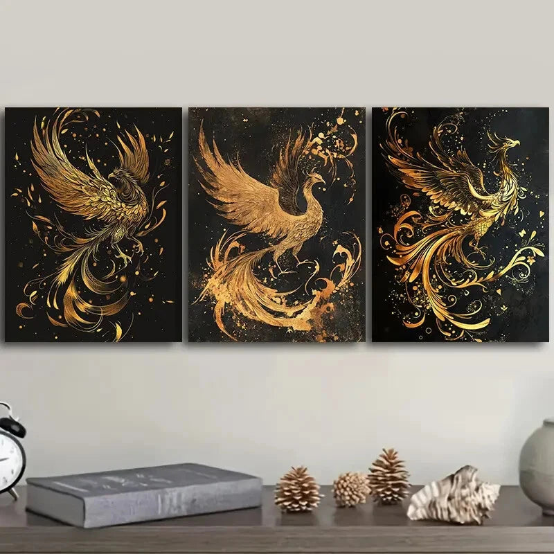 3-Piece Black and Gold Phoenix Metal Wall Art - Ready to Hang, Modern Home Decor for Living Room, Bedroom & Office