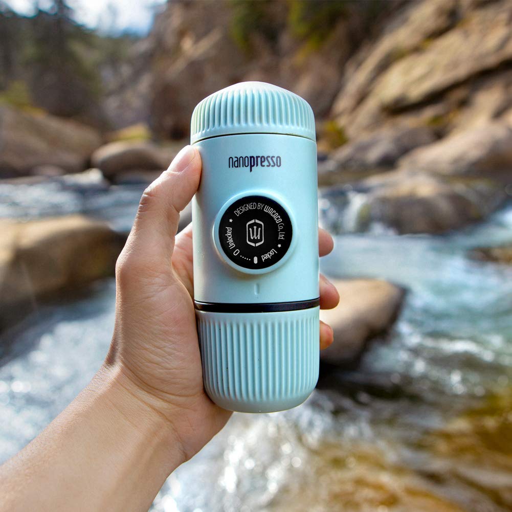 WACACO Nanopresso Portable Espresso Maker with Travel Case - Mini Handheld Coffee Machine for Camping, Hiking, Travel & Office Use - Compatible with Nespresso Pods & Ground Coffee (Arctic Blue) | Perfect Gift for Coffee Lovers & Outdoor Enthusiasts