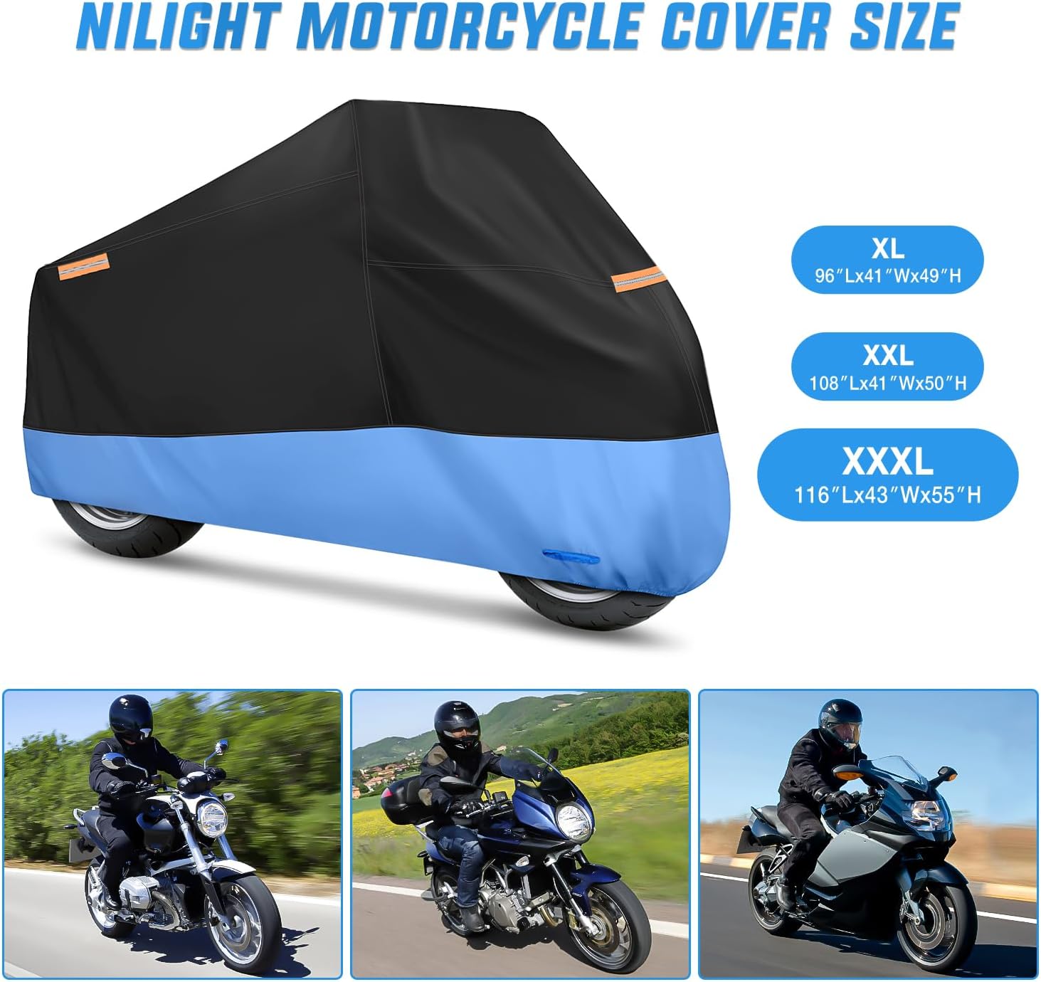 Premium Motorcycle Cover with Lock Hole, Storage Bag & Reflective Strips – Fits Up to 116 Inch Bikes – Weatherproof Protection for Outdoor & Garage Storage