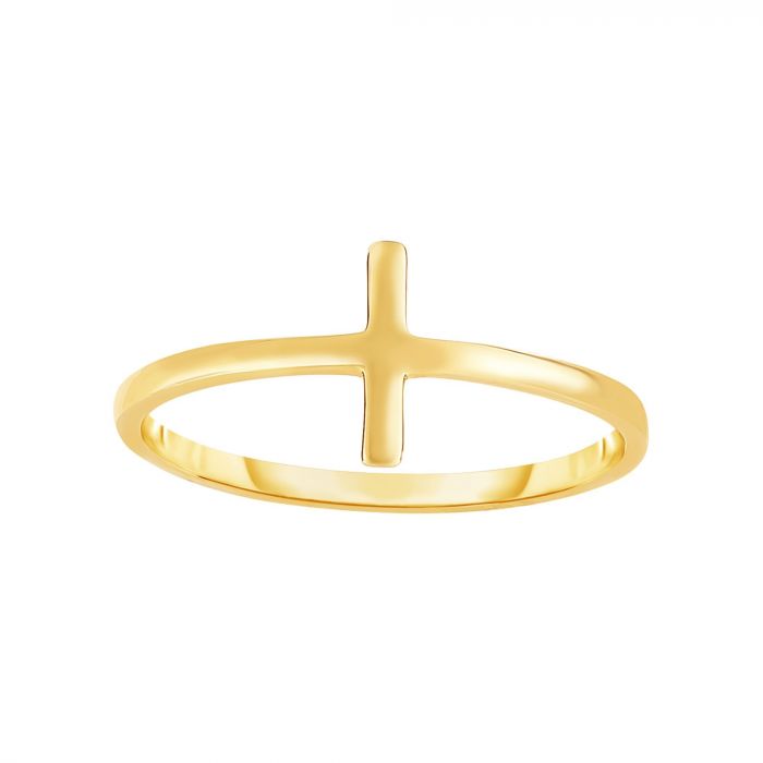 14KT Yellow Gold Sideways Cross Ring for Women - Elegant Religious Jewelry Gift for Christmas, Baptism & Everyday Wear