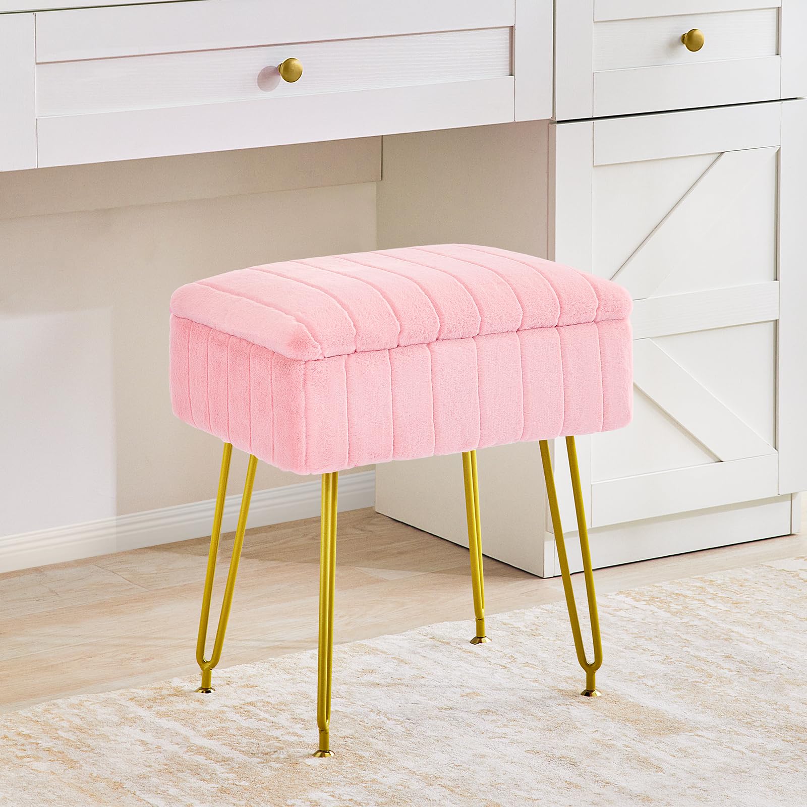 Luxury Vanity Stool with Storage - Faux Fur Makeup Chair with Gold Metal Legs, Multifunctional Footrest Ottoman for Bedroom, Dressing Room & Beauty Salon (Pink) - Perfect for Makeup Application, Relaxation & Home Decor