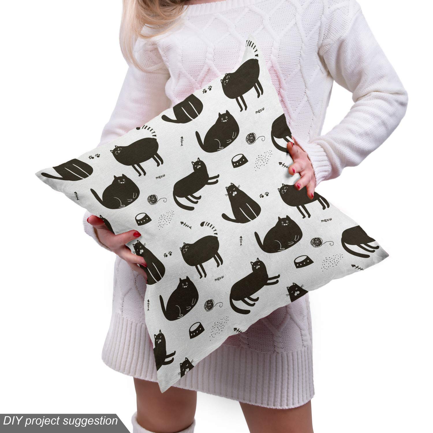 Ambesonne Funny Cat Fabric by The Yard - Playful House Kitty with Meow Whiskers Pet Pattern - Dark Brown & White Decorative Upholstery Fabric for Sofa, Curtains, Pillows (10 Yards) - Perfect for Pet Lovers' Home Decor & DIY Craft Projects