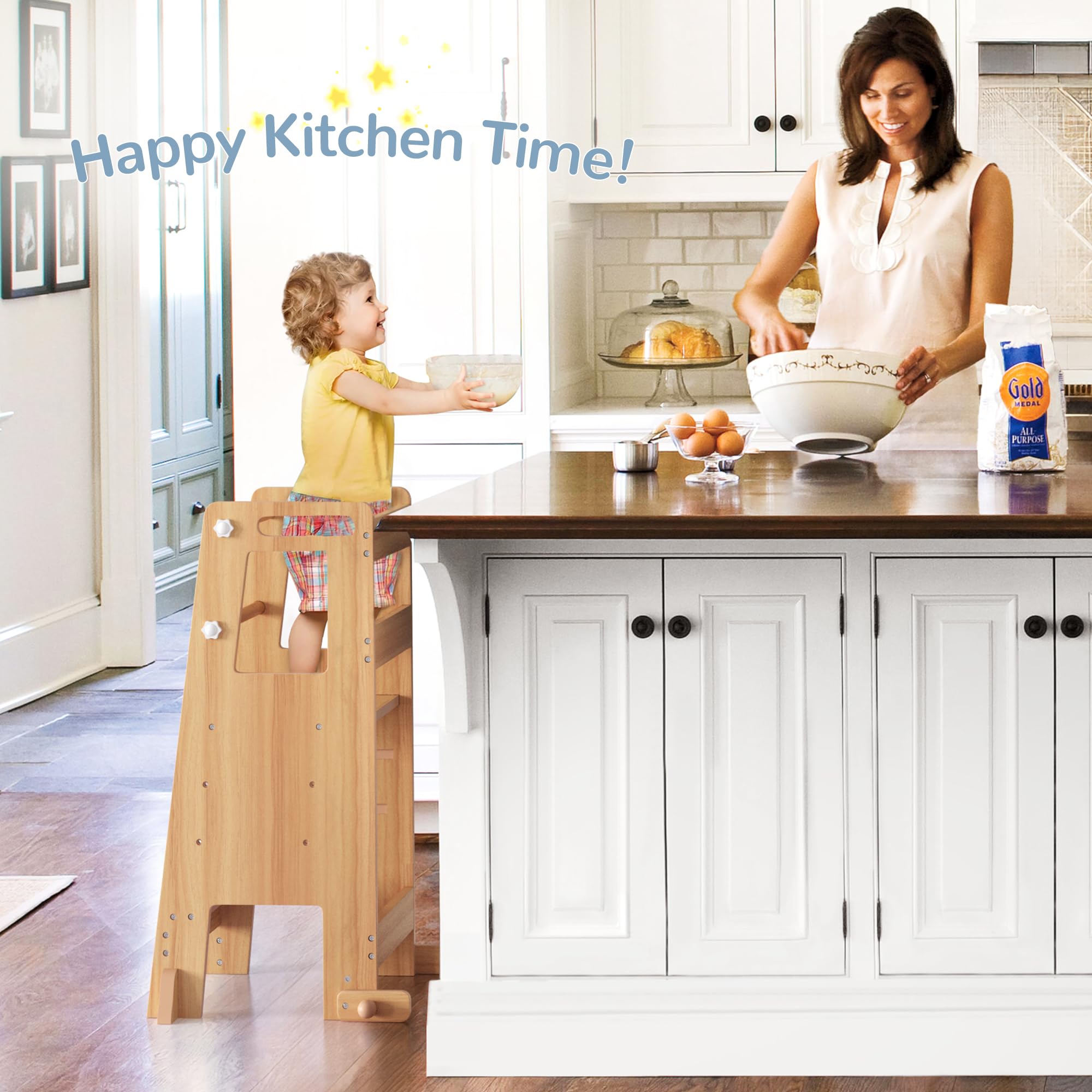 Adjustable Height Toddler Kitchen Step Stool with Safety Rails - Dark Natural Wooden Standing Tower for Kids, Perfect for Kitchen Counter, Bathroom Sink, Bedroom Dressing & Playroom Activities