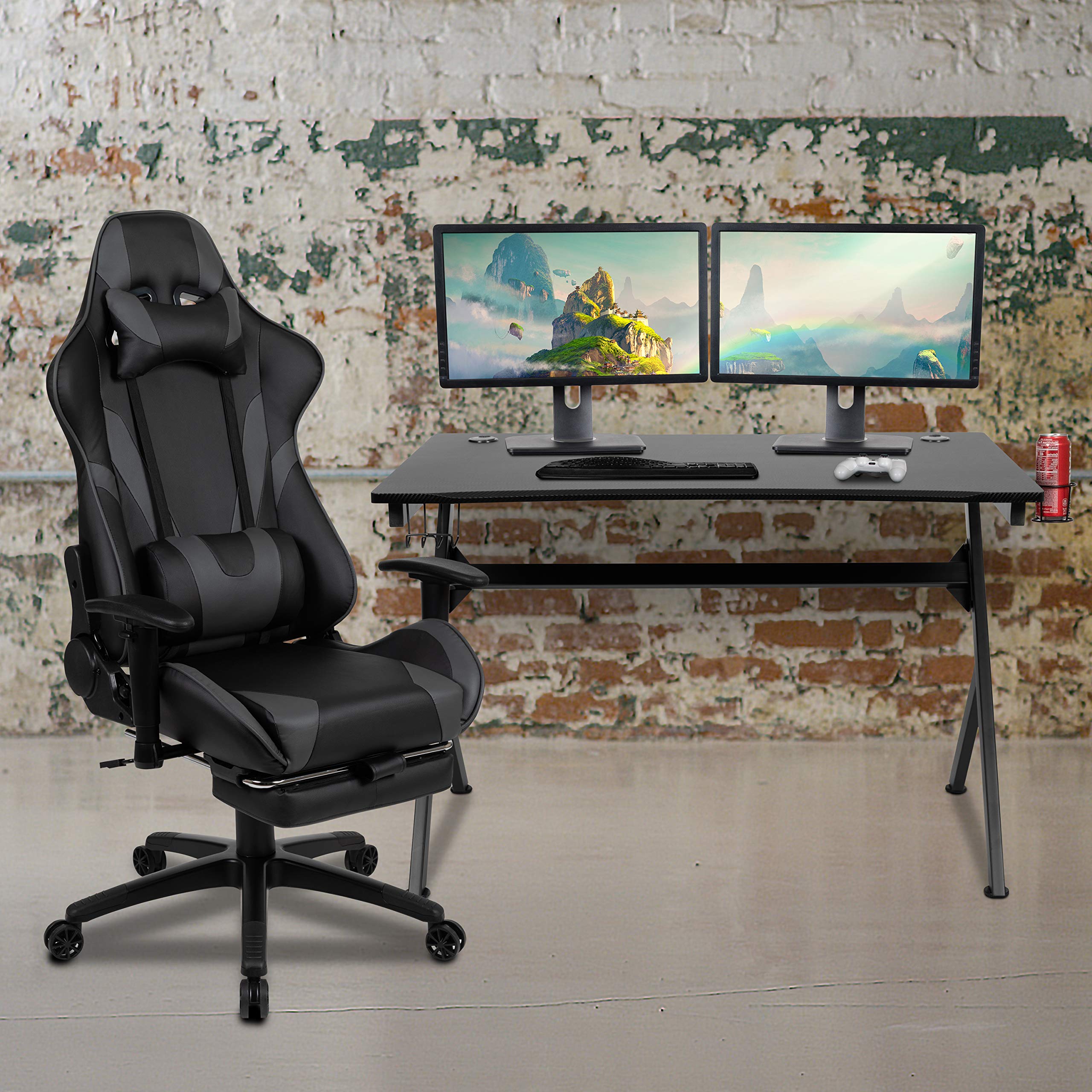 Ergonomic Black Gaming Desk & Gray Reclining Gaming Chair Set with Cup Holder, Headrest & Cable Management - Perfect for PC Gaming, Streaming & Home Office Setup