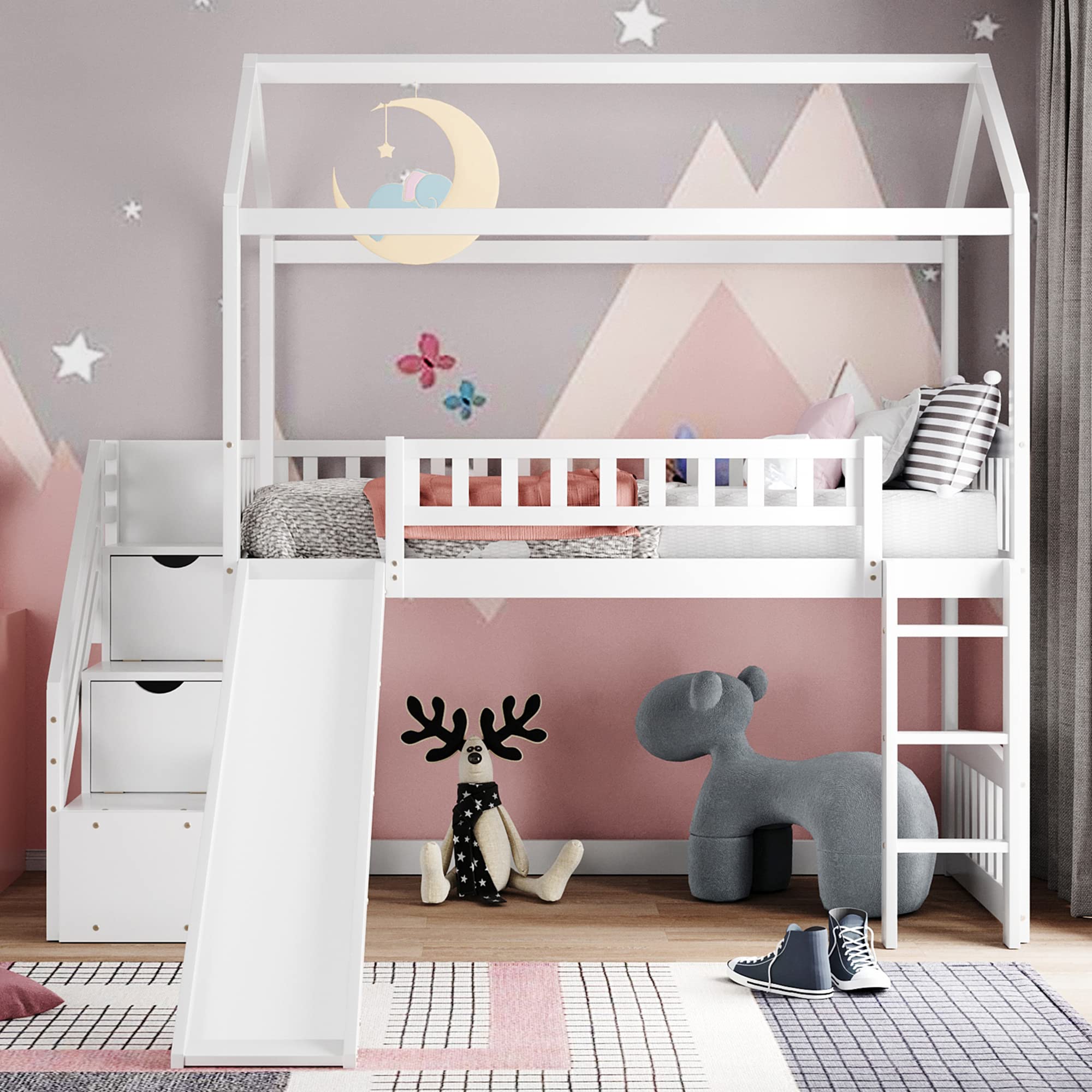 Harper & Bright Designs Twin Loft Bed with Slide, Staircase & Drawers - Wooden Kids Loft Bed Frame for Boys & Girls - No Box Spring Needed - White - Perfect for Small Bedrooms, Playrooms & Kids' Sleepovers