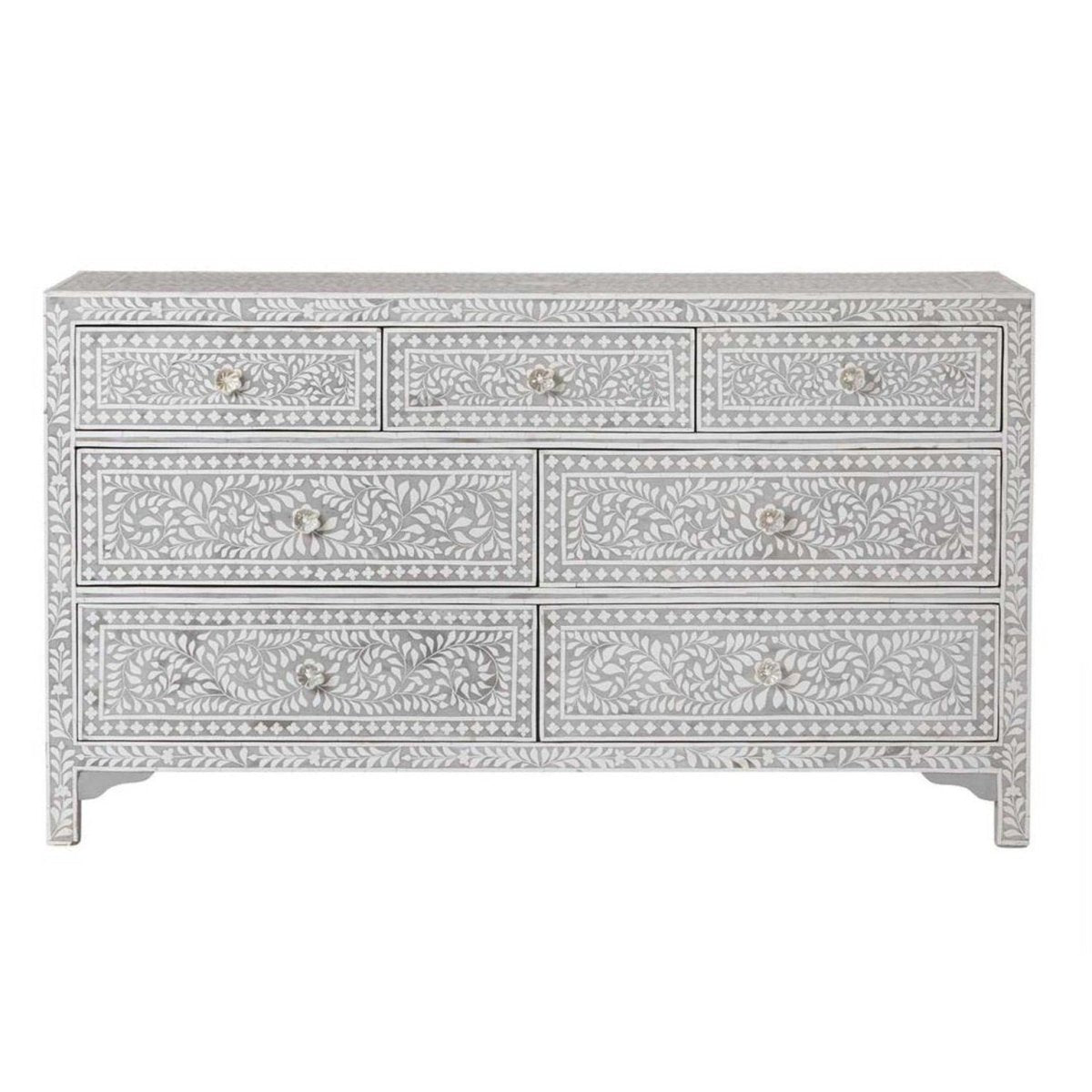 Handmade Bone Inlay Floral Pattern 7-Drawer Dresser | Vintage Style Chest of Drawers for Bedroom, Living Room & Home Decor