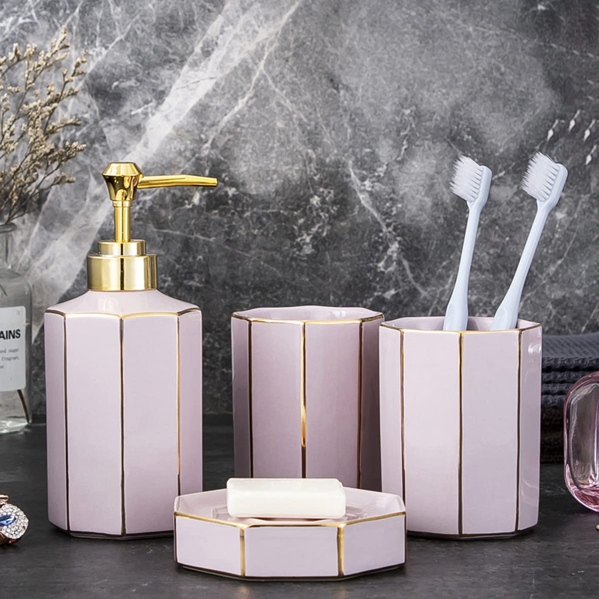 4-Piece Ceramic Bathroom Accessories Set - Nordic Style Complete Bath Decor Kit with Soap Dispenser, Toothbrush Holder, Tumbler & Soap Dish - Elegant Pink Ceramic for Vanity, Countertop & Bathroom Decor (Perfect for Modern Homes, Spa-Like Retreats & Gift Giving)
