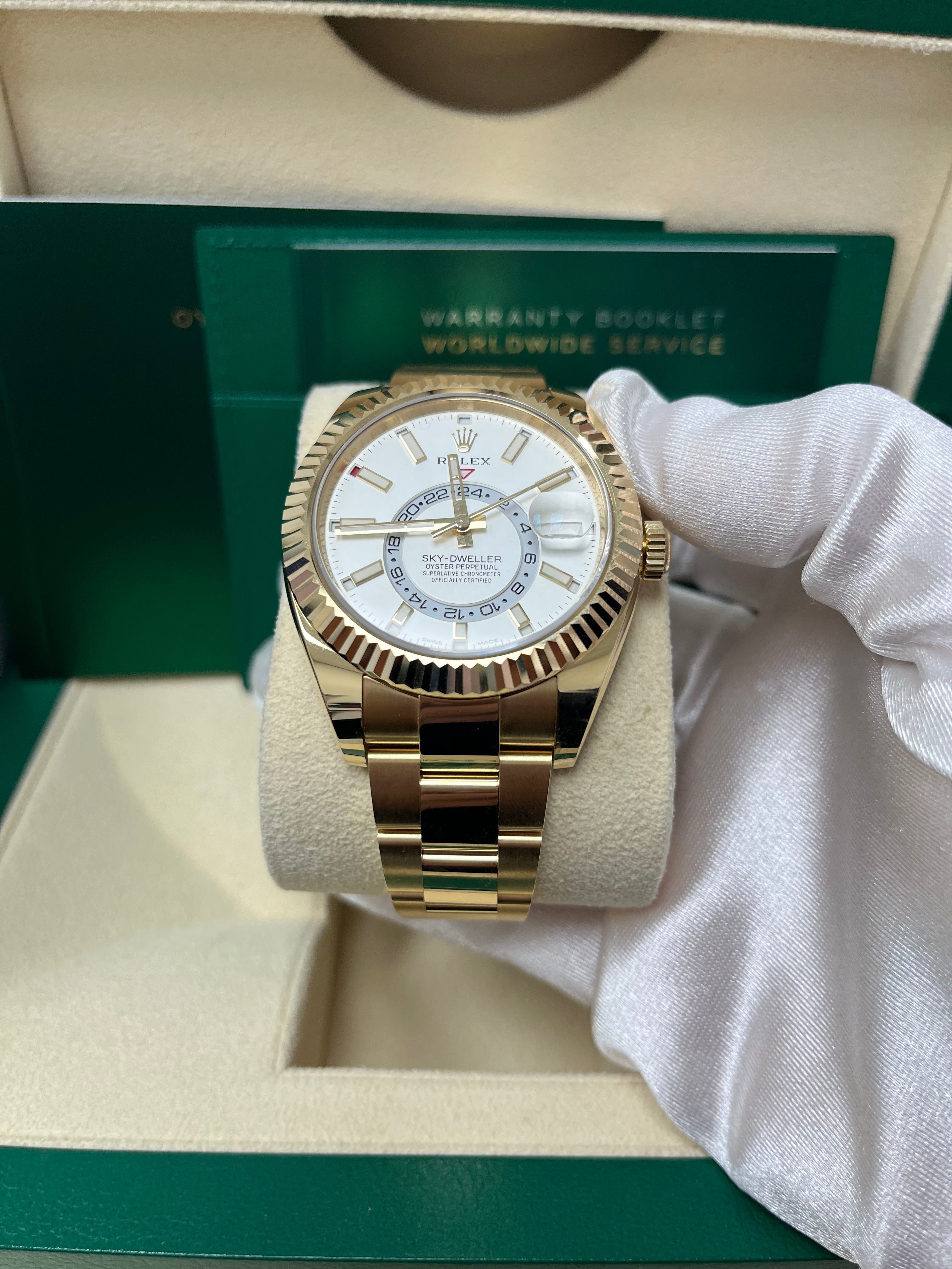 Rolex Sky-Dweller Yellow Gold Watch with White Dial & Oyster Bracelet (Ref# 326938) - Luxury Timepiece for Business Travelers & Watch Collectors
