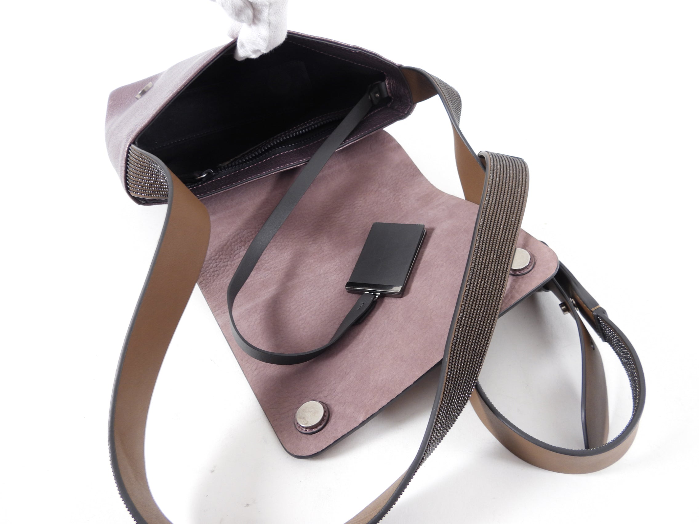 Brunello Cucinelli Dark Purple Metallic Monili Crossbody Bag for Women | Luxury Leather Purse with Gold-Tone Hardware | Perfect for Evening Events, Date Nights & Travel Accessories