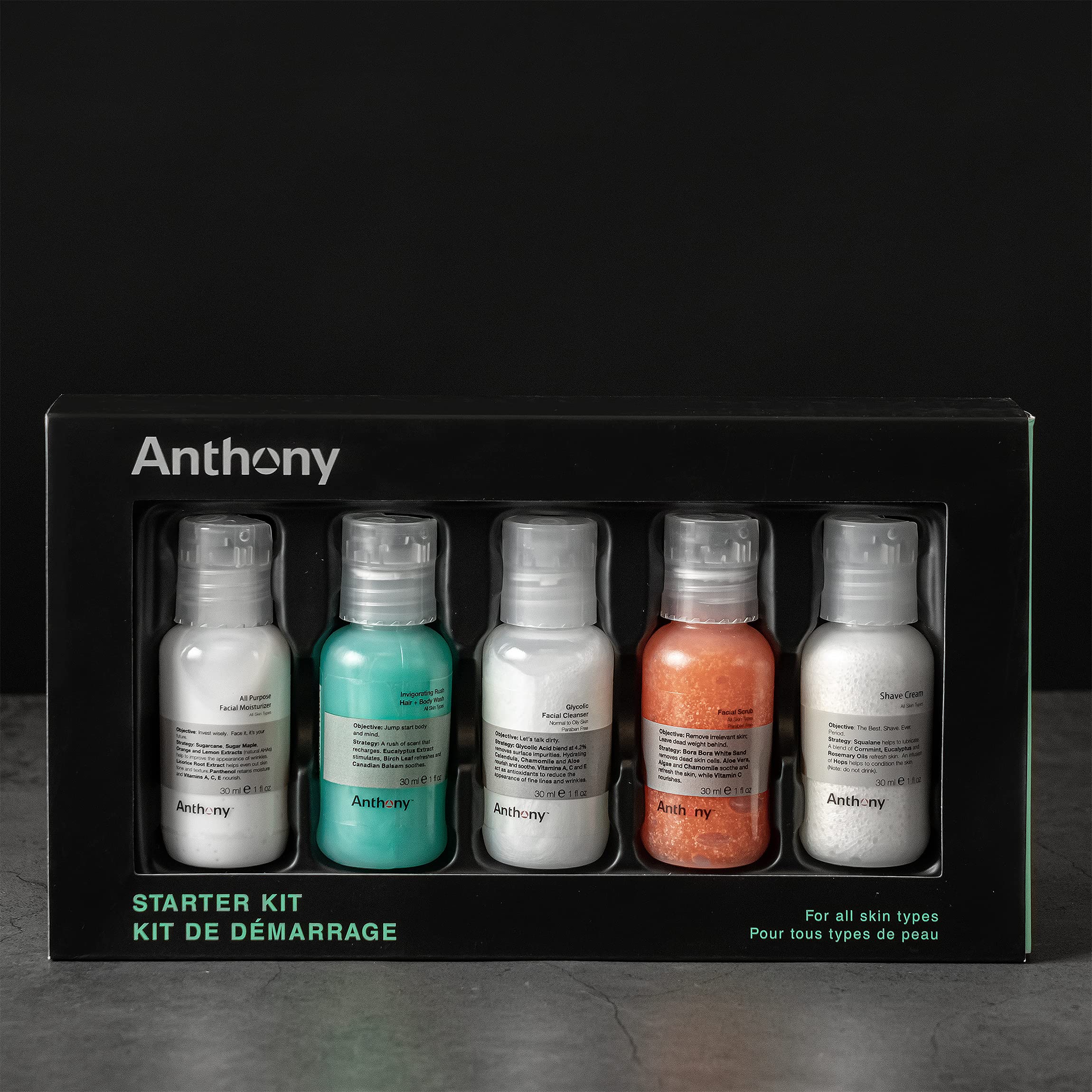 Anthony Starter Kit for Men - 5-Piece Skincare & Grooming Set with Glycolic Facial Cleanser, Exfoliating Scrub, Moisturizer, Hair & Body Wash, Shaving Cream | Daily Face & Body Care Routine for Clear Skin & Smooth Shave