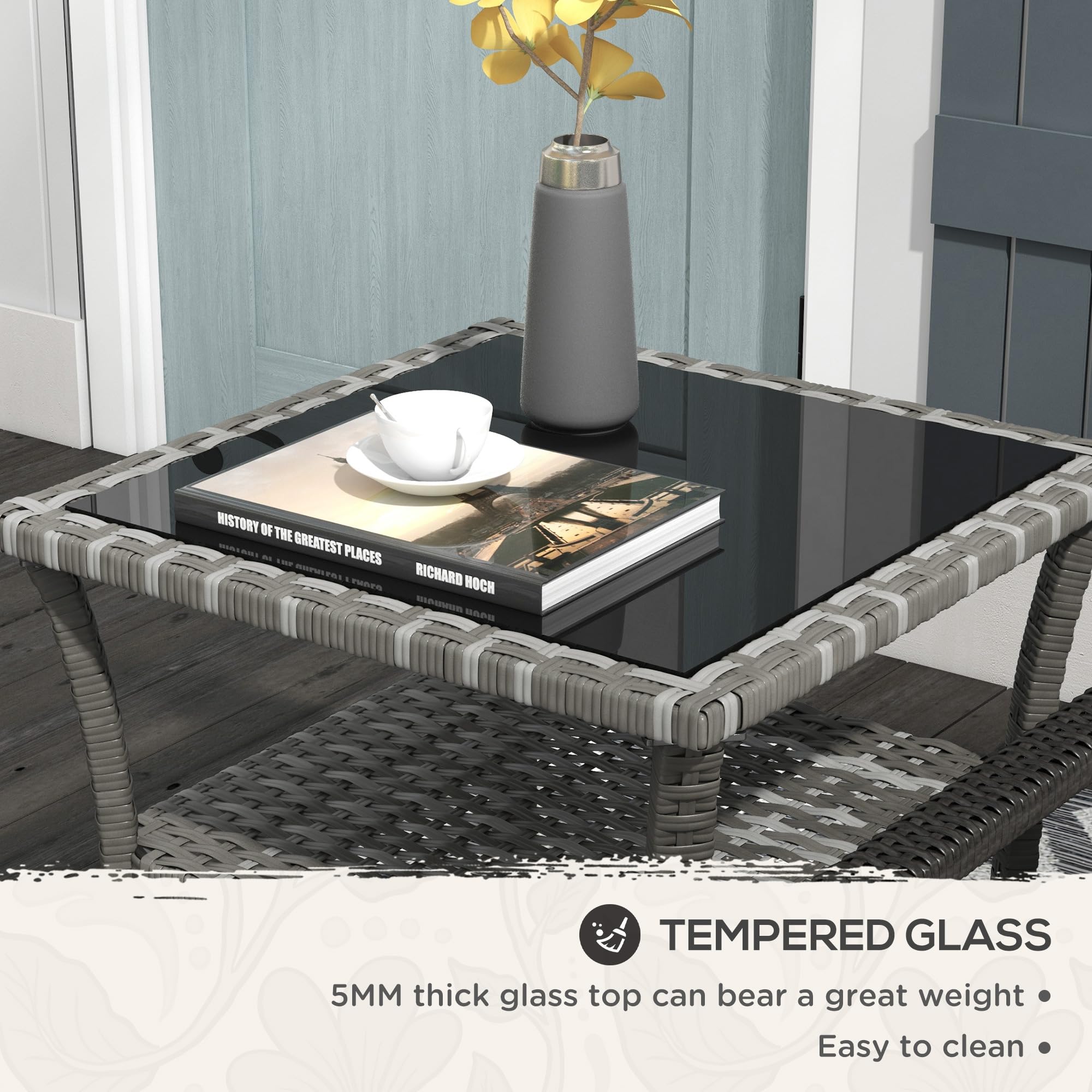 Outsunny Gray Rattan Side Table with Storage Shelf - Aluminum Frame Square Coffee Table with Tempered Glass Top - Perfect for Patio, Garden & Outdoor Living Spaces