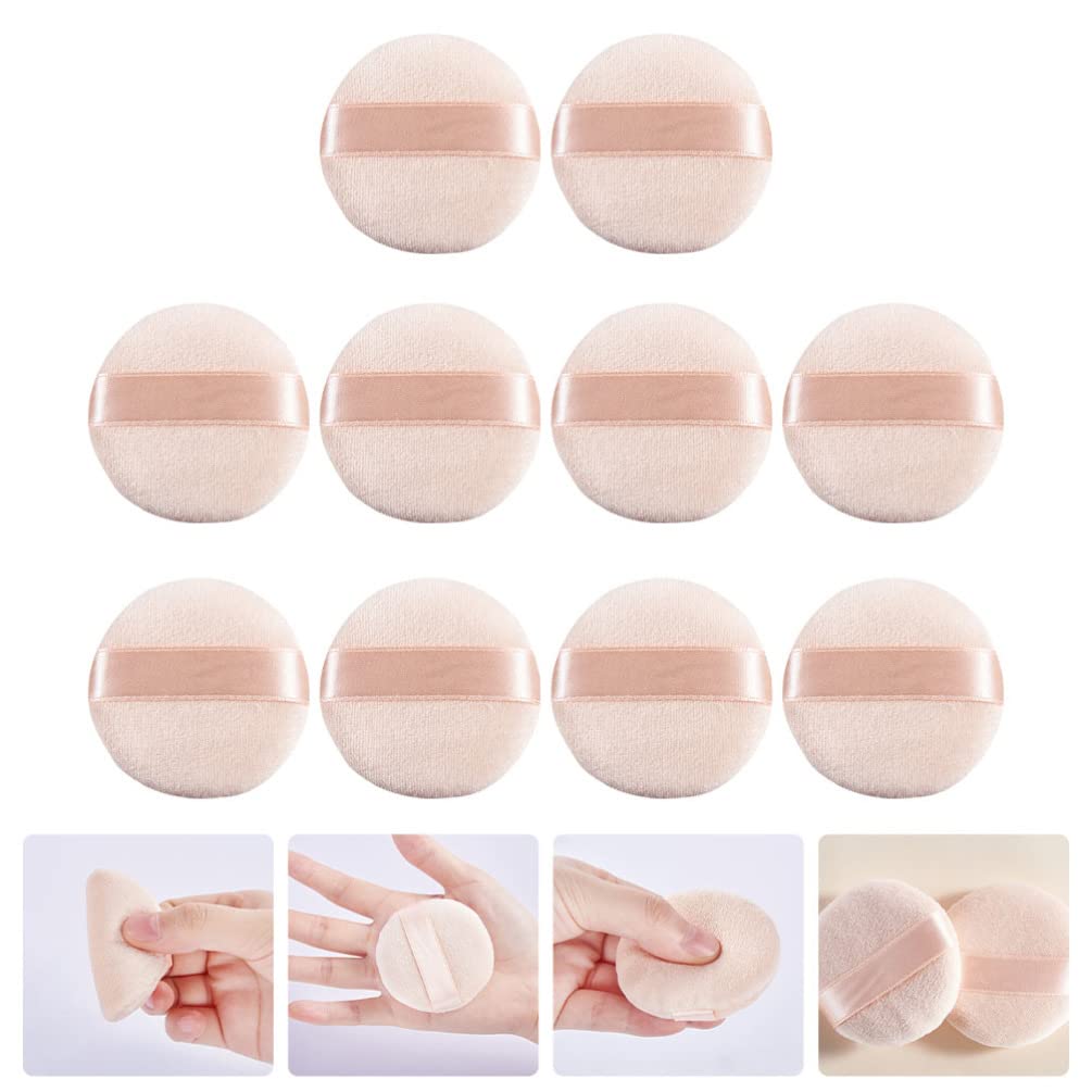 FOMIYES 10pcs Makeup Powder Puffs with Strap - Soft Cotton Round Cosmetic Puffs for Loose Powder & Foundation - Ideal for Professional Makeup Artists & Home Dresser Use