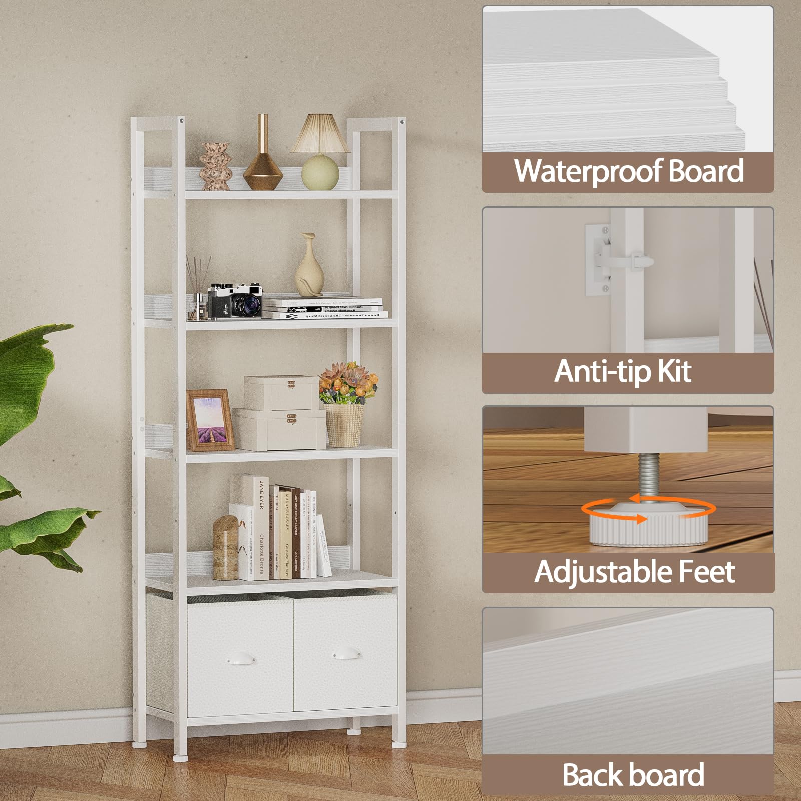 5 Tier Bookshelf with Drawers - White Tall Bookcase Storage Organizer, Wood & Metal Modern Bookshelves for Bedroom, Living Room, Office - Display Books, Decor & Essentials in Style