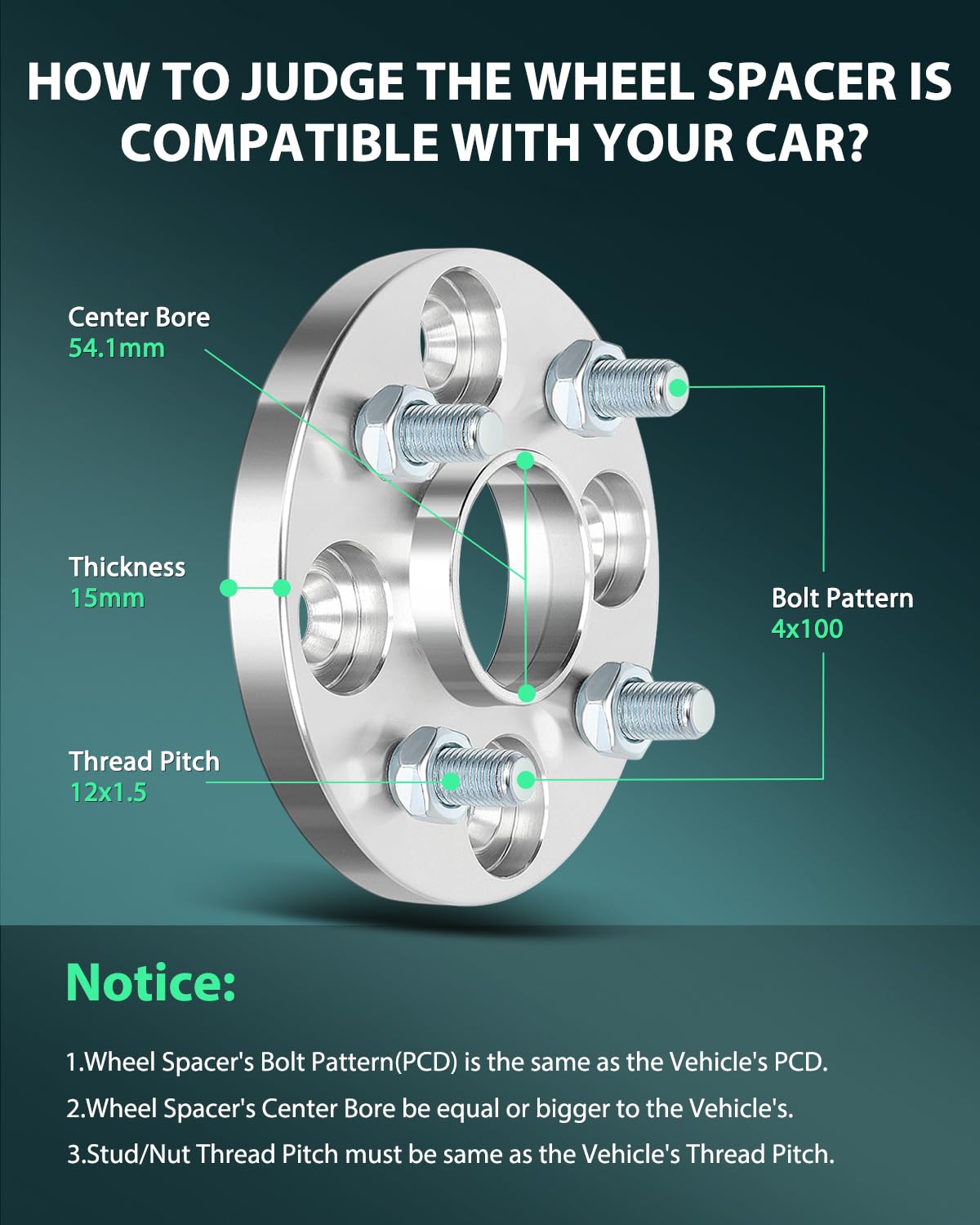 SCITOO 4Pcs 15mm Wheel Spacers 4x100 Bolt Pattern 54.1mm Hub Bore 12x1.5 Studs - Compatible with Ford Escort, Toyota Corolla, Celica, Echo, MR2, MR2 Spyder, Prius C, Tercel - Perfect for Enhanced Stance & Performance Upgrades