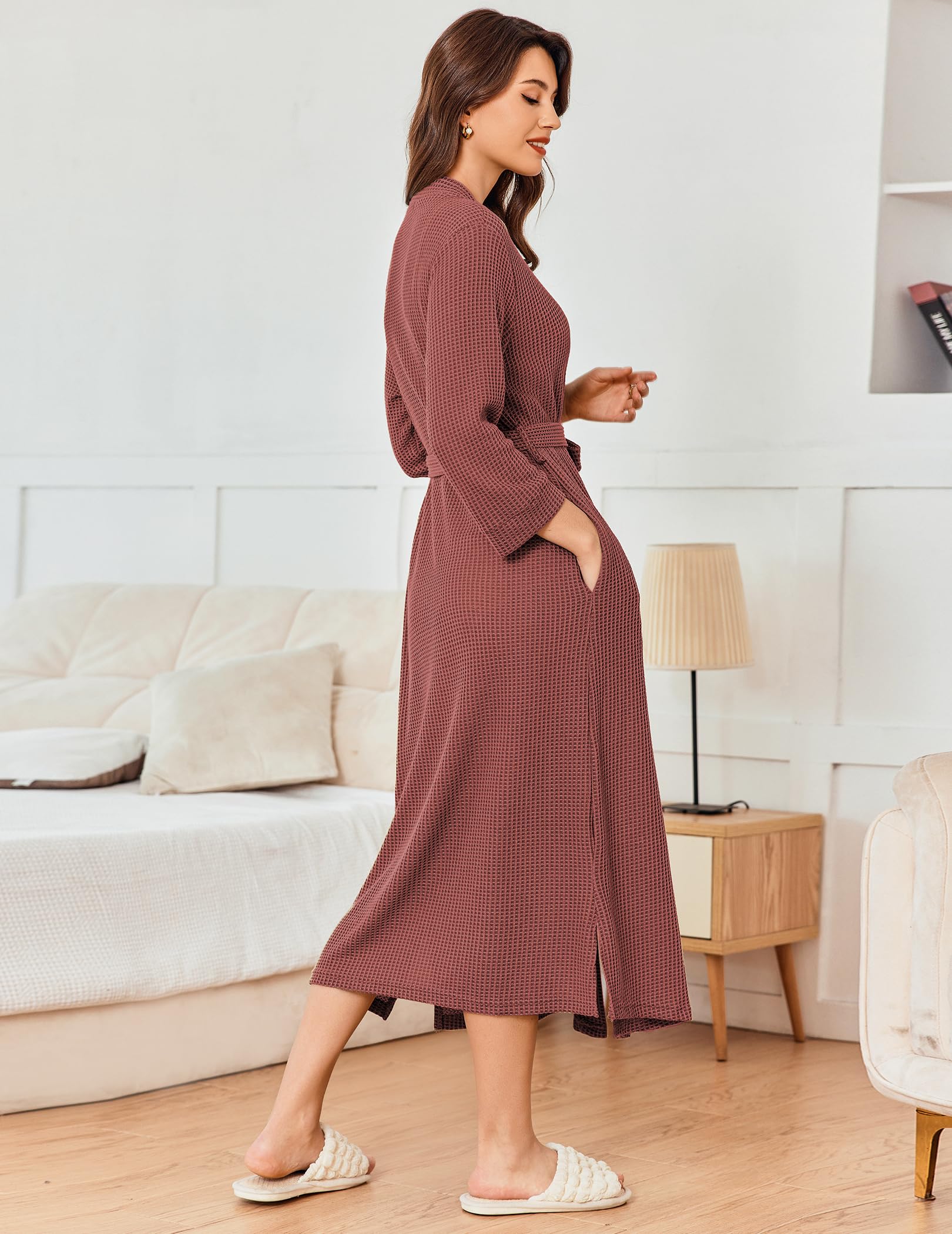 Ekouaer Women's Long Waffle Knit Bathrobe - Lightweight Soft Kimono Robe for Spa, Lounge & Home Wear (Sizes S-XXL) | Cozy Loungewear for Relaxation & Self-Care