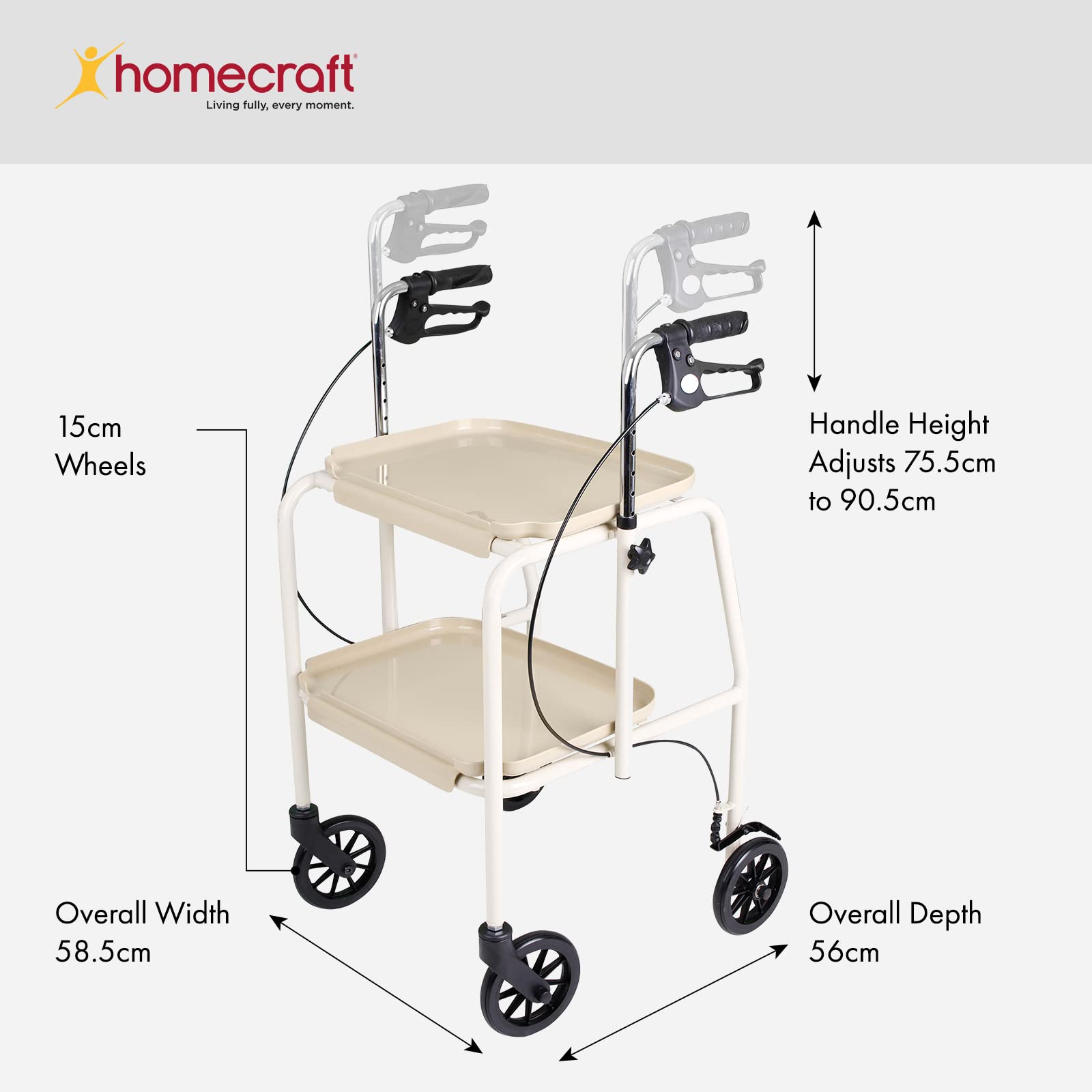 Homecraft Walker Trolley with Wheels - Lightweight Mobility Aid with Built-in Storage Trays & Hand Brakes - Sturdy Walking Support Device for Seniors & Elderly (Beige) - Perfect for Indoor Use, Shopping Trips & Daily Mobility Assistance