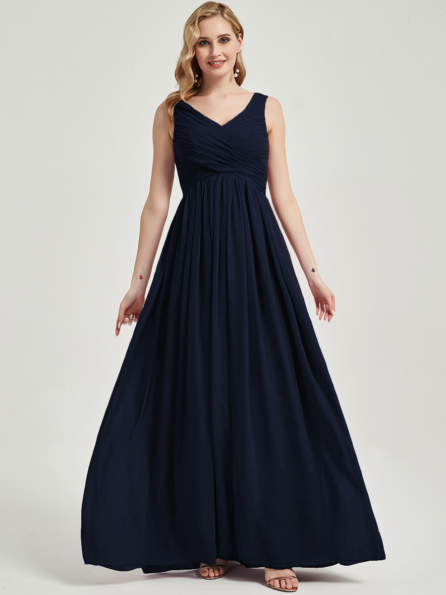 Dark Navy Pleated V-Neck Sleeveless Empire Waist Maxi Chiffon Bridesmaid Dress - Elegant Formal Wedding Party Gown for Bridesmaids, Evening Events & Special Occasions