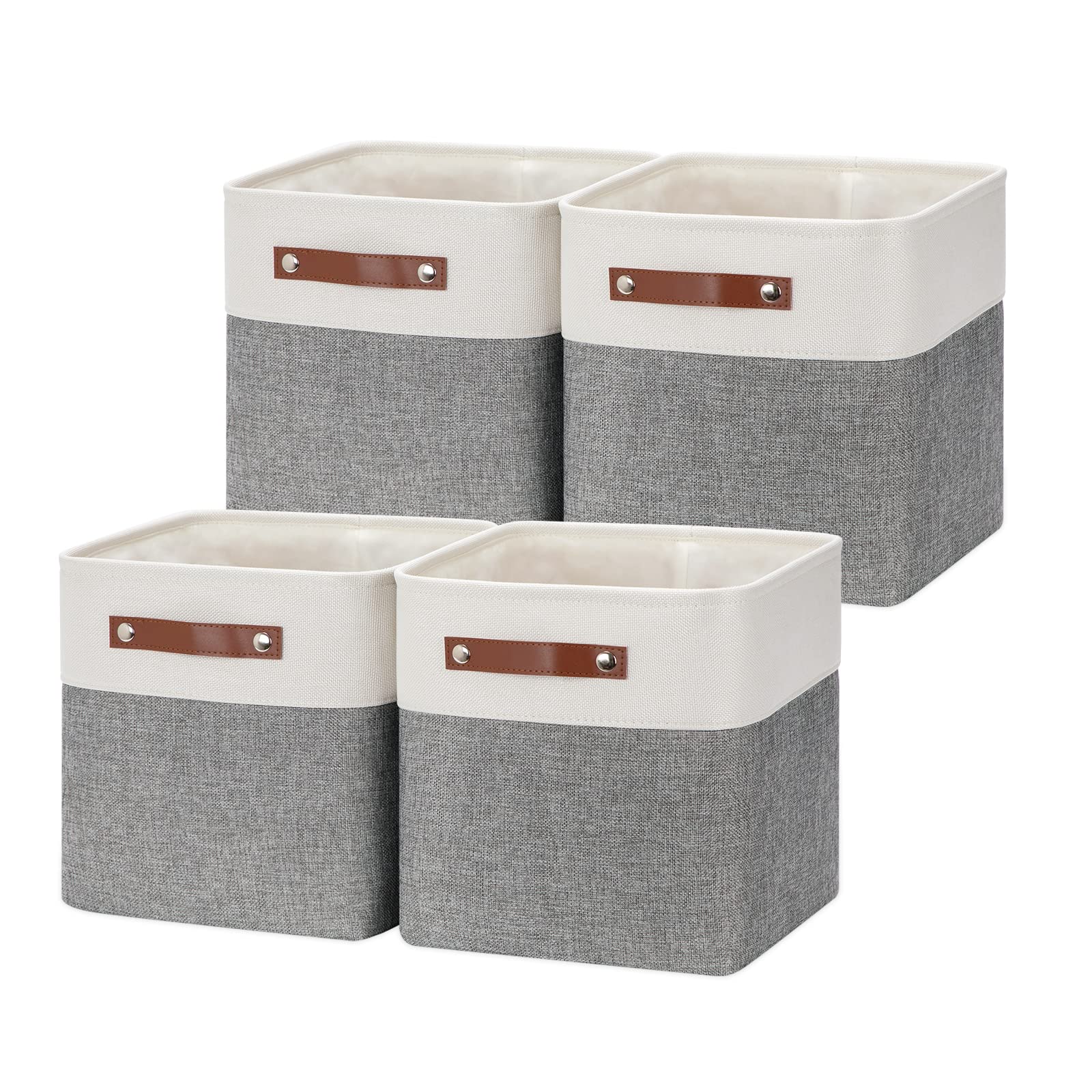 HNZIGE 11x11 Inch Foldable Fabric Cube Storage Bins with Handles - Set of 4 for Home Organization, Shelves, Closet, Nursery & Bedroom - Perfect for Toys, Clothes & Accessories (White & Gray)