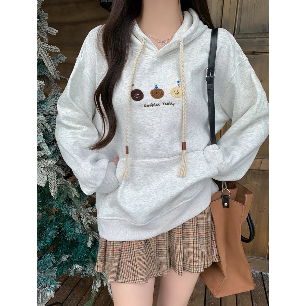 Women's Grey Embroidered Drawstring Hoodie - Korean Fashion Cotton Velvet Sweatshirt for Autumn Winter | Casual Streetwear & Vacation Outfit