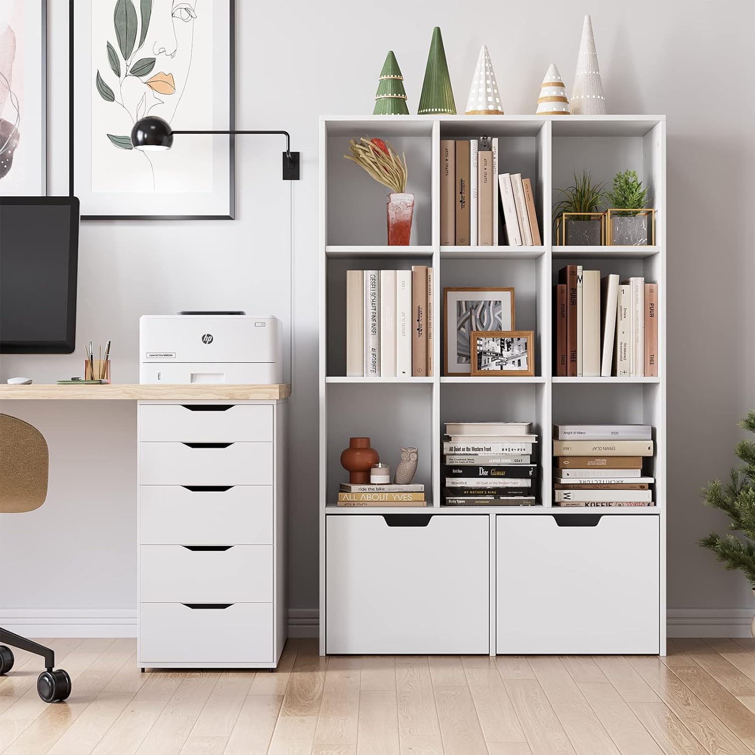 Modern 9-Cube White Bookshelf with 2 Large Drawers - Free Standing Storage Cabinet Organizer for Books, Toys & Home Decor - Perfect for Living Room, Office, Study & Kids' Bedroom Organization