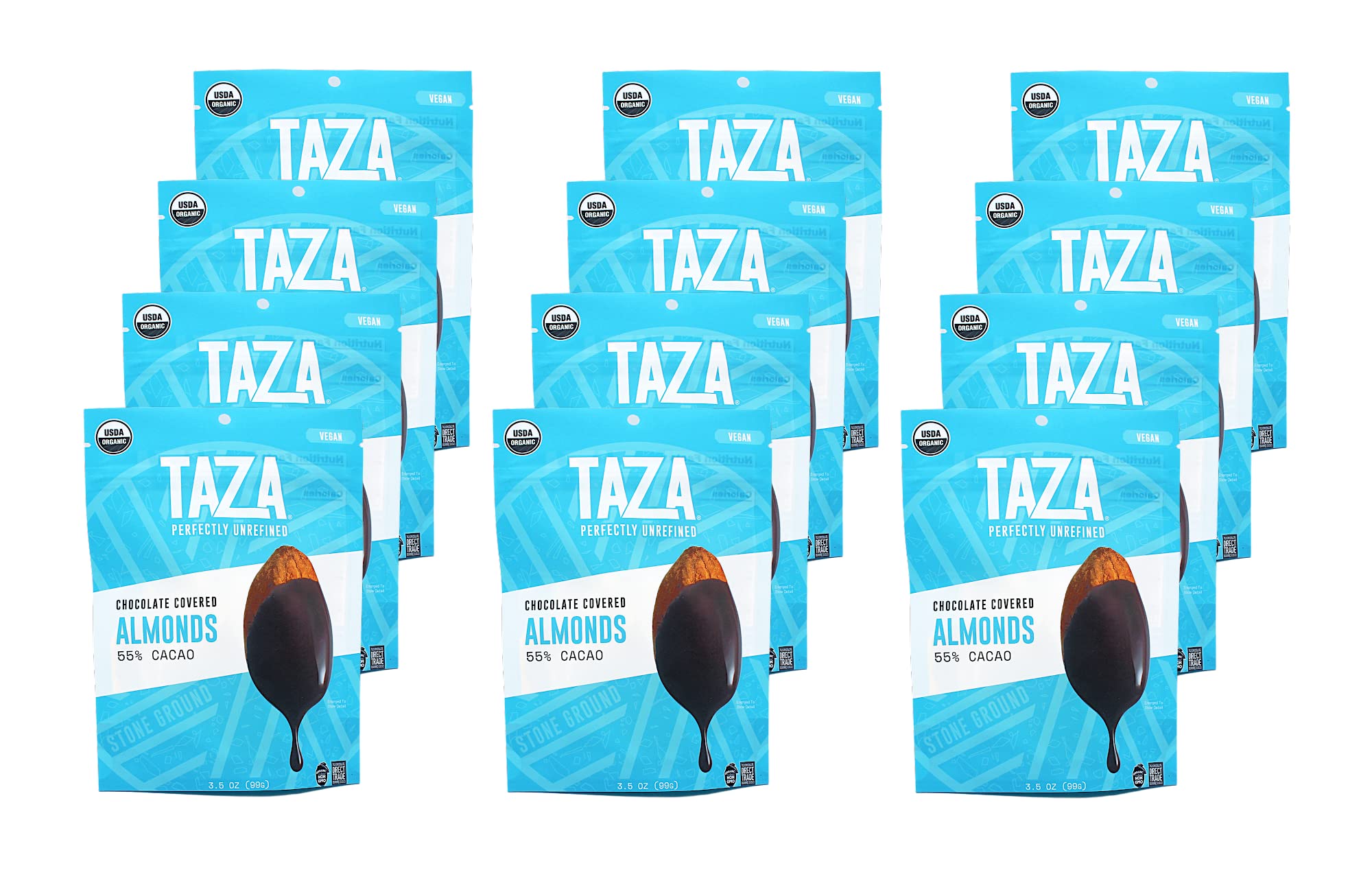 Organic Dark Chocolate Covered Almonds - 55% Cocoa, Vegan, Gluten-Free - 3.5oz Resealable Bags (12-Pack) - Perfect for Snacking, Gifts & Healthy Desserts